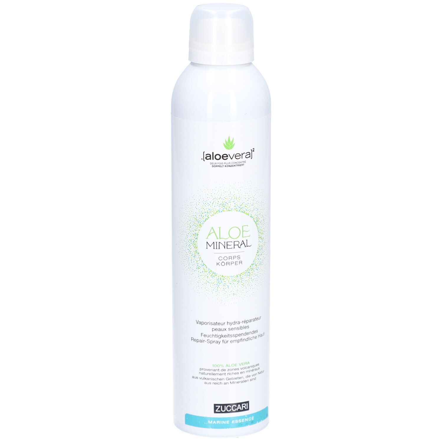 Flacon spray blanc avec logo vert et texte. "Aloe Mineral Corps" et "Zuccari Marine Fragrance" sont visibles.