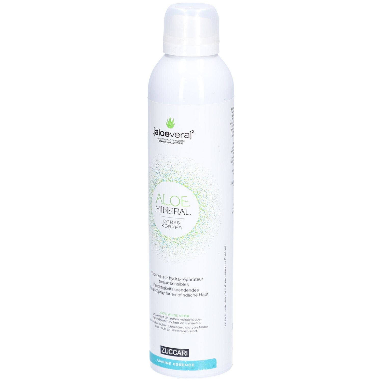 Flacon spray blanc avec logo vert et texte. "Aloe Mineral Corps" et "Zuccari Marine Fragrance" sont visibles.