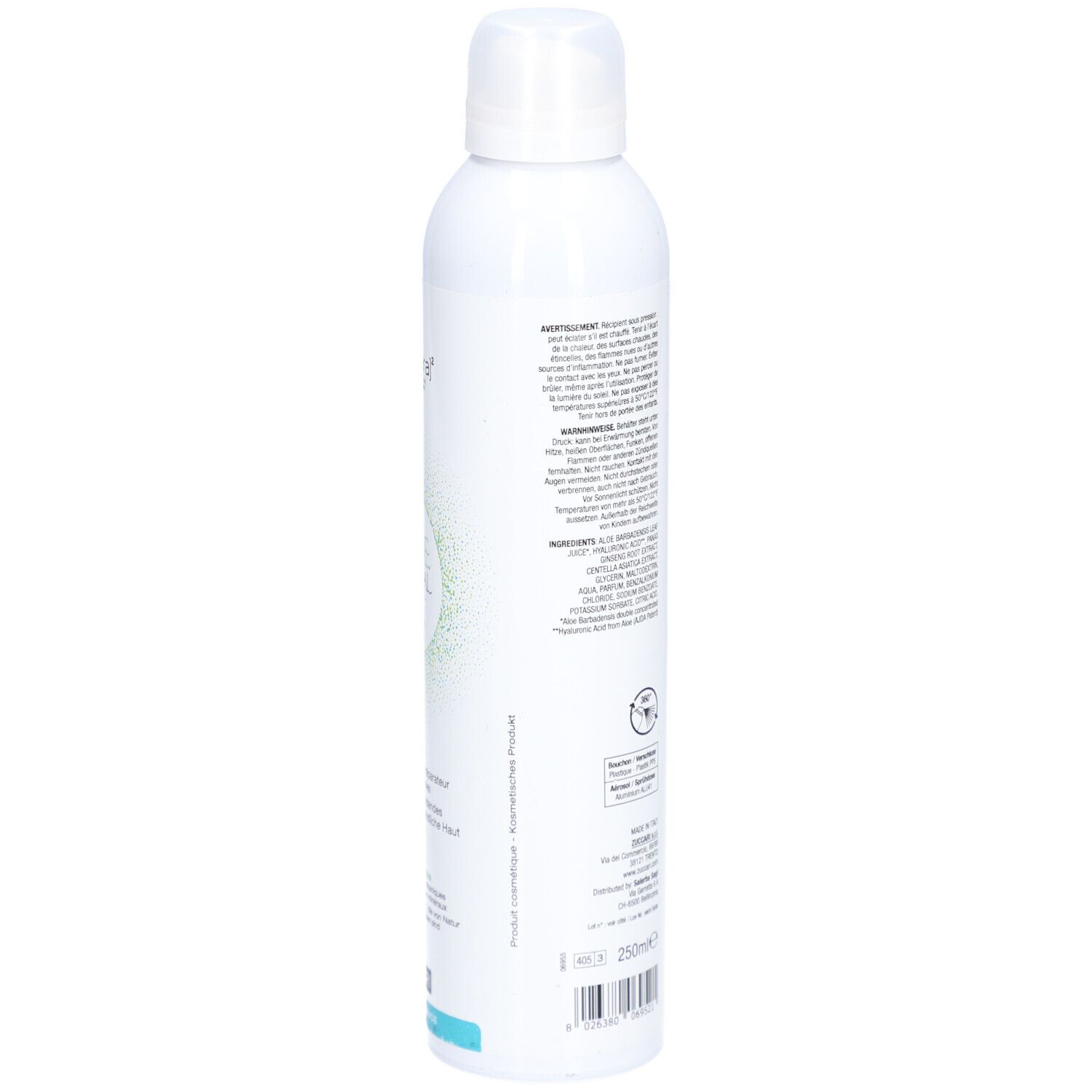Flacon spray blanc, vue latérale avec texte. Informations sur le produit et ingrédients imprimés.