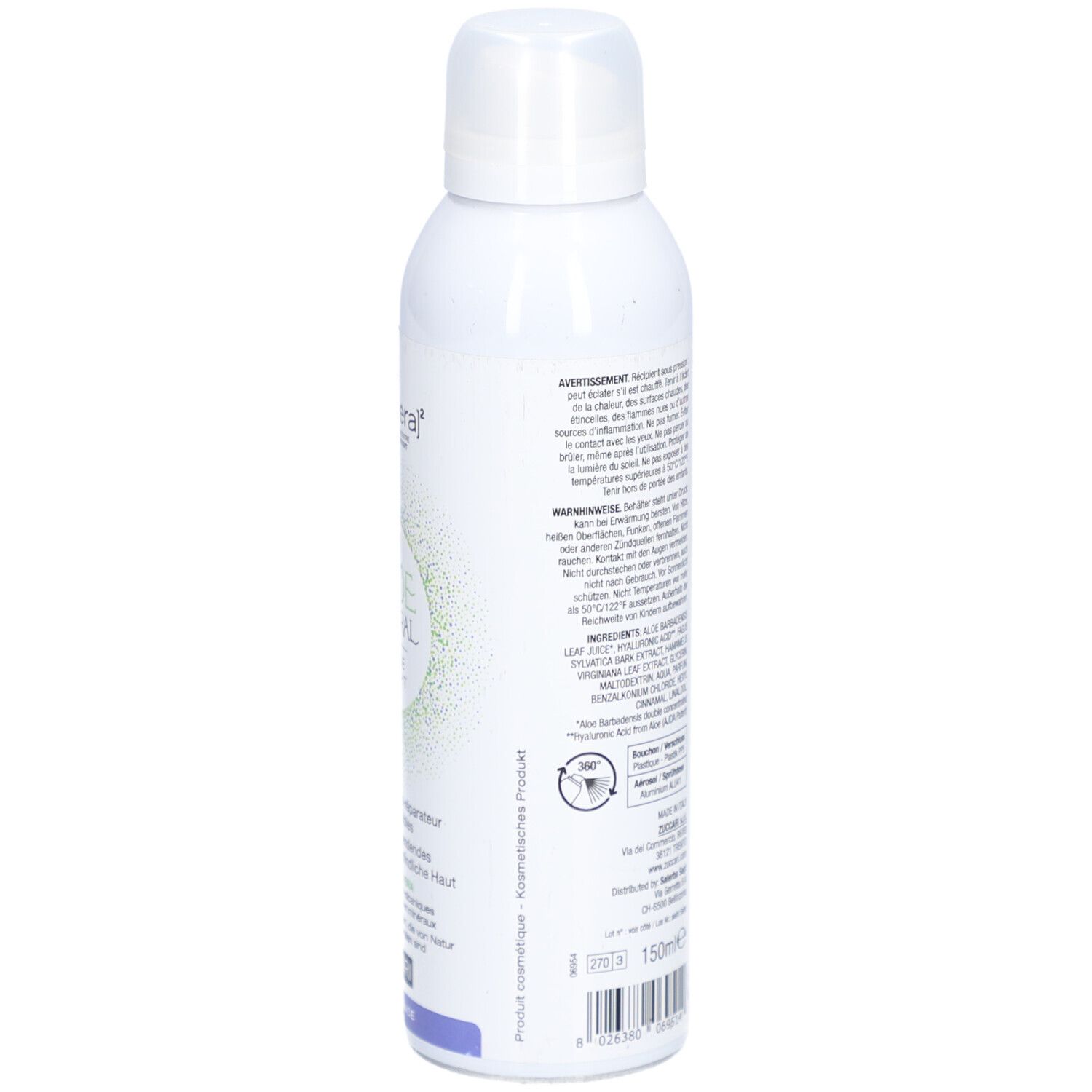 Witte spuitfles, zijaanzicht. Meertalige tekst. Productinformatie en ingrediënten.