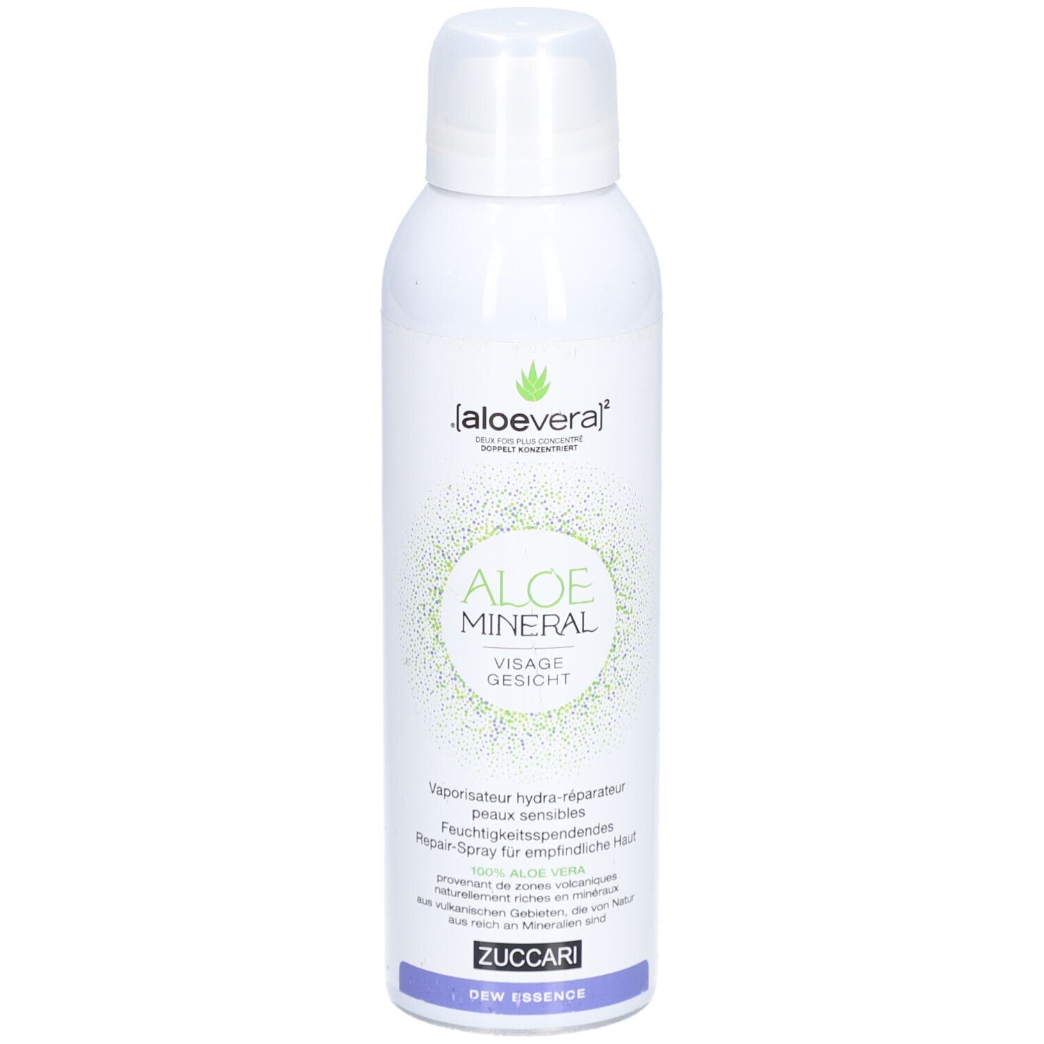 Witte spuitfles met groen logo en tekst. Productnaam: Aloe Mineral Visage Gesicht. Zuccari-logo onderaan.