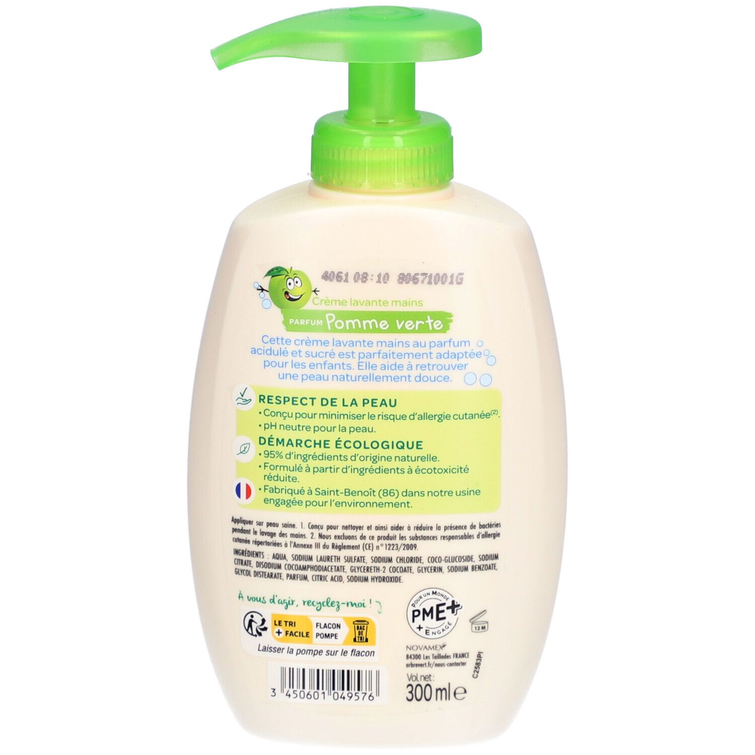 Dos du flacon de savon. Texte: L'ARBRE VERT, Crème lavante mains, Pomme verte. Texte sur les ingrédients et l'approche écologique.