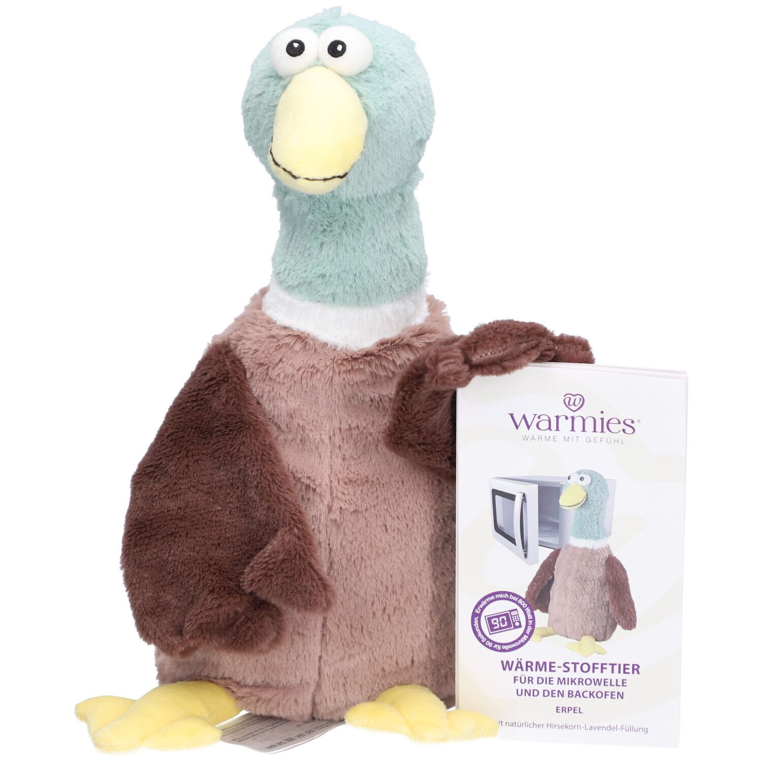 Bruin, blauw en geel pluche eend. Met verpakking met product en merk Warmies.
