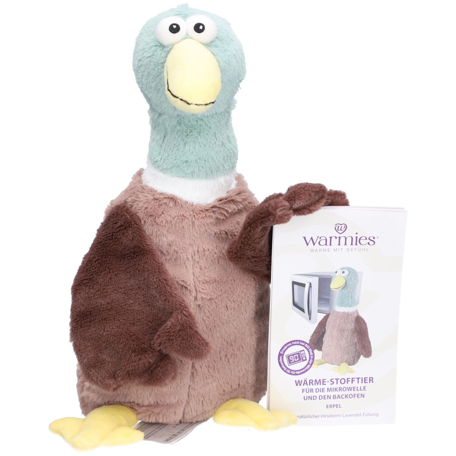 Bruin, blauw en geel pluche eend. Met verpakking met product en merk Warmies.