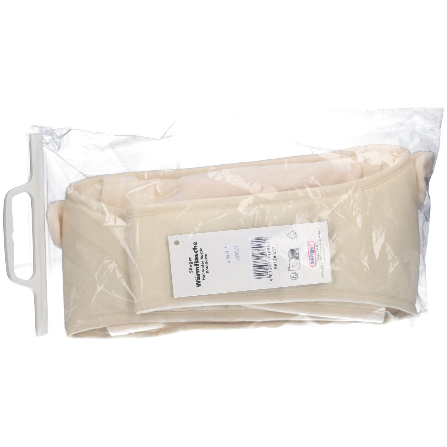 Beige warmteband in plastic verpakking. Etiket met opschrift 'SANGER Wärmeflasche'.