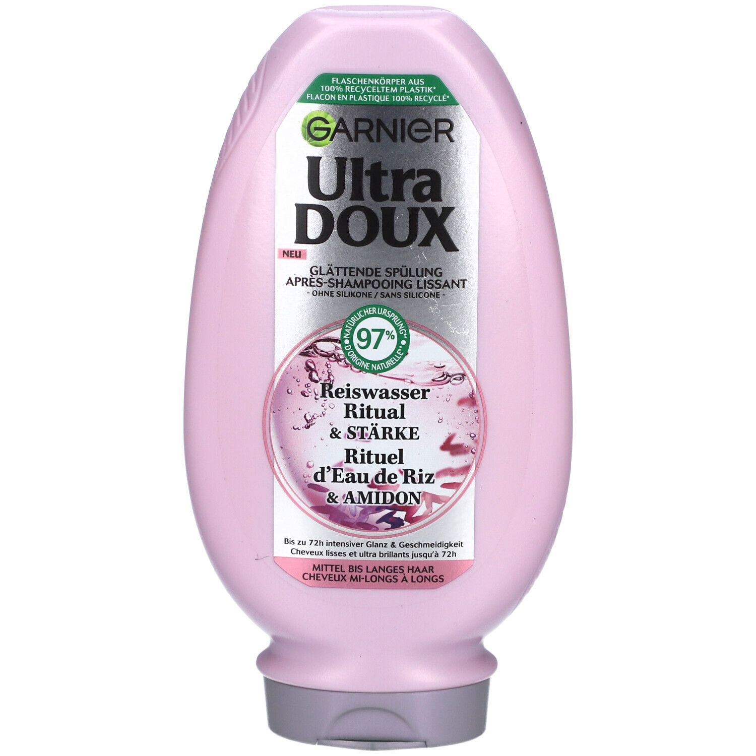 Flacon rose Garnier Ultra Doux. Après-shampooing lissant Riz & Amidon. 97% d'ingrédients d'origine naturelle.