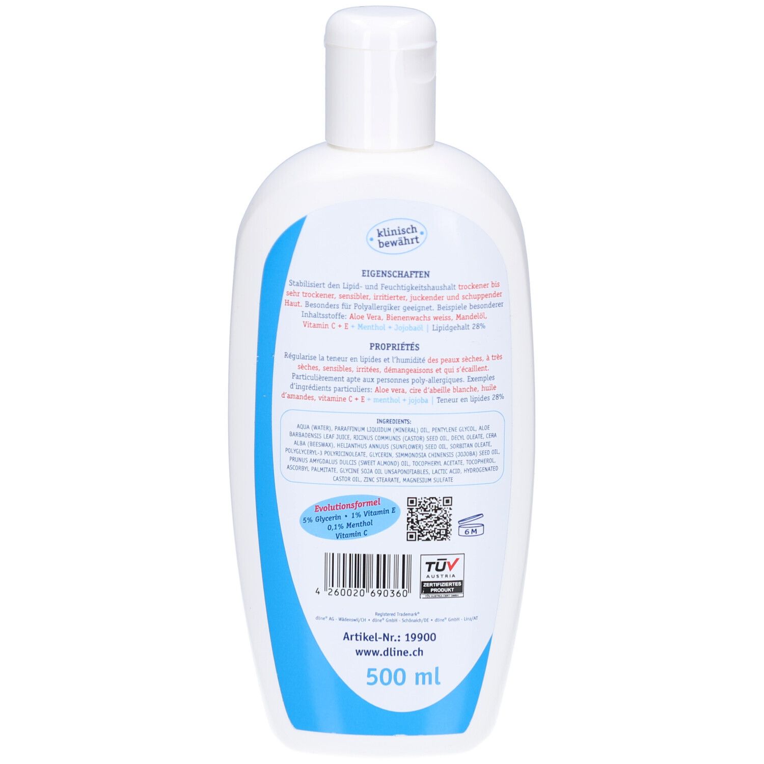 Achterkant van de witte fles. Tekst: Eigenschappen, Ingrediënten, Artikel-Nr. 19900, www.dline.ch. TÜV-logo.