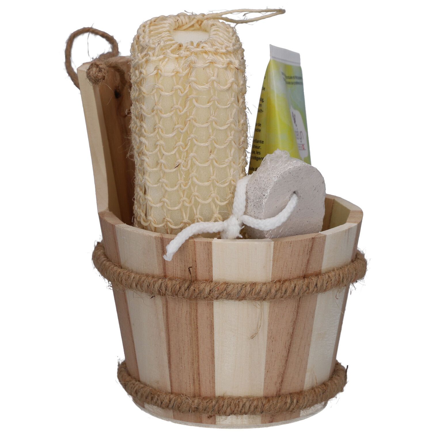 Seau en bois avec accessoires de bain : éponge, pierre ponce, gel douche. Nom du produit : sidefyn. Cosmétiques suisses.