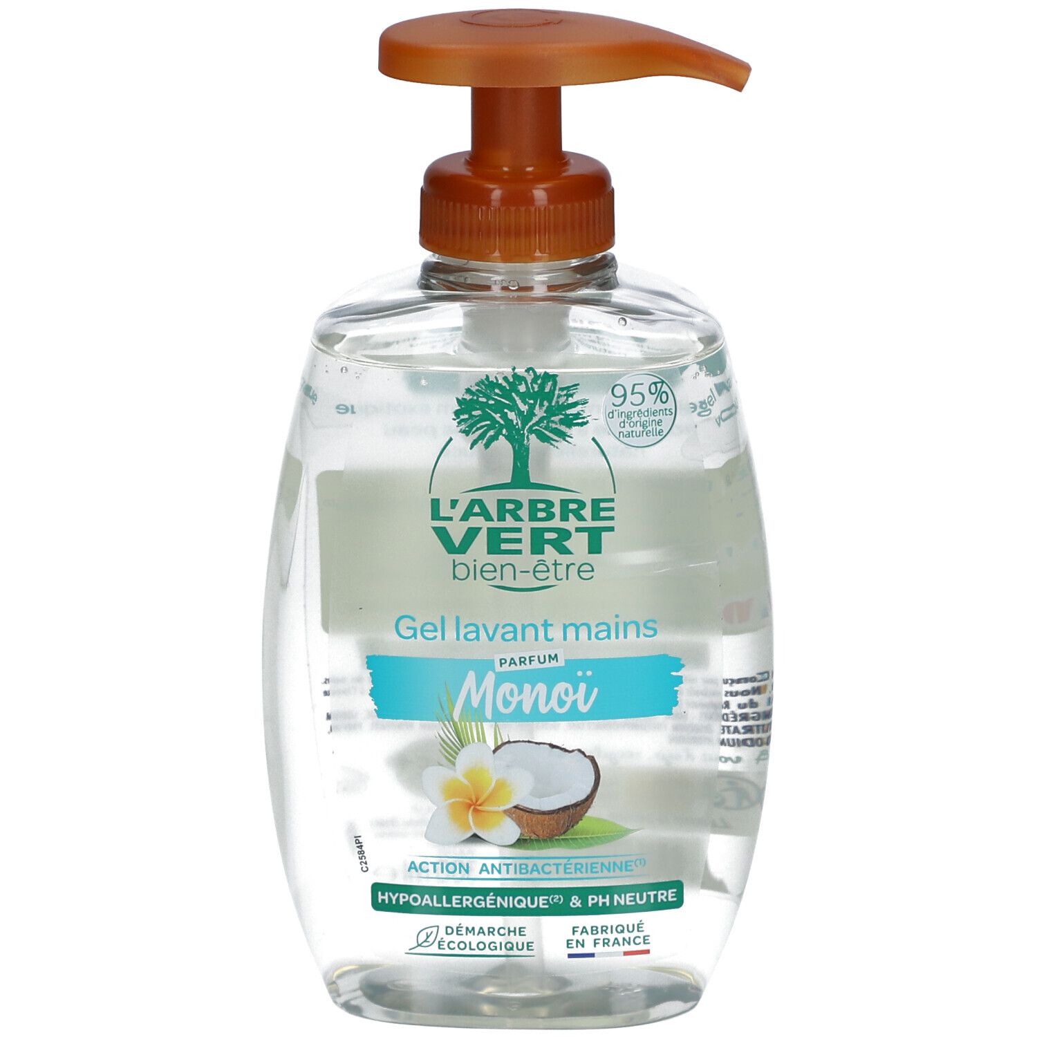 Flacon de savon pour les mains transparent avec pompe marron. Étiquette avec logo, texte et illustration de noix de coco.