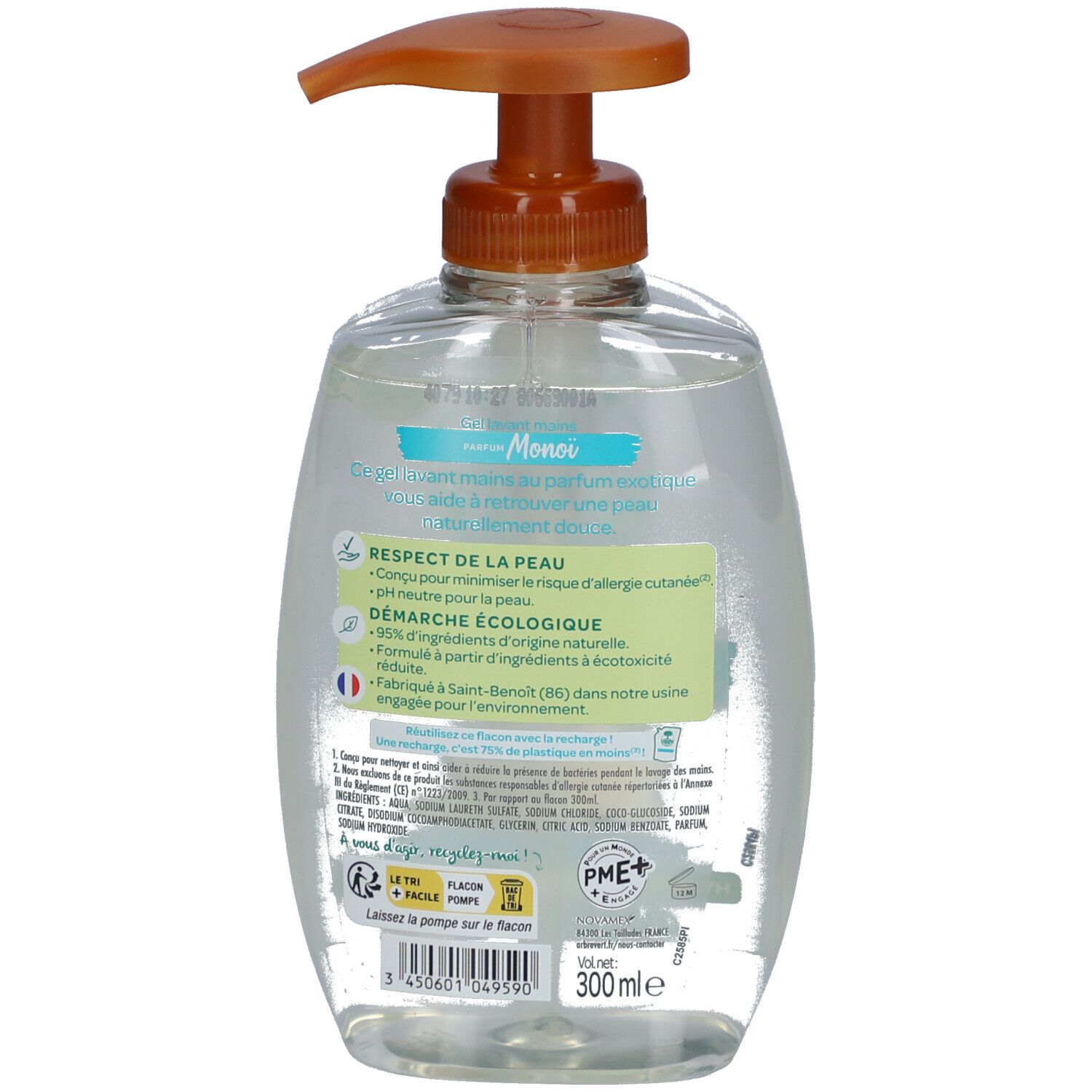 Dos du flacon de savon pour les mains. Texte, logo et informations sur la fabrication écologique.