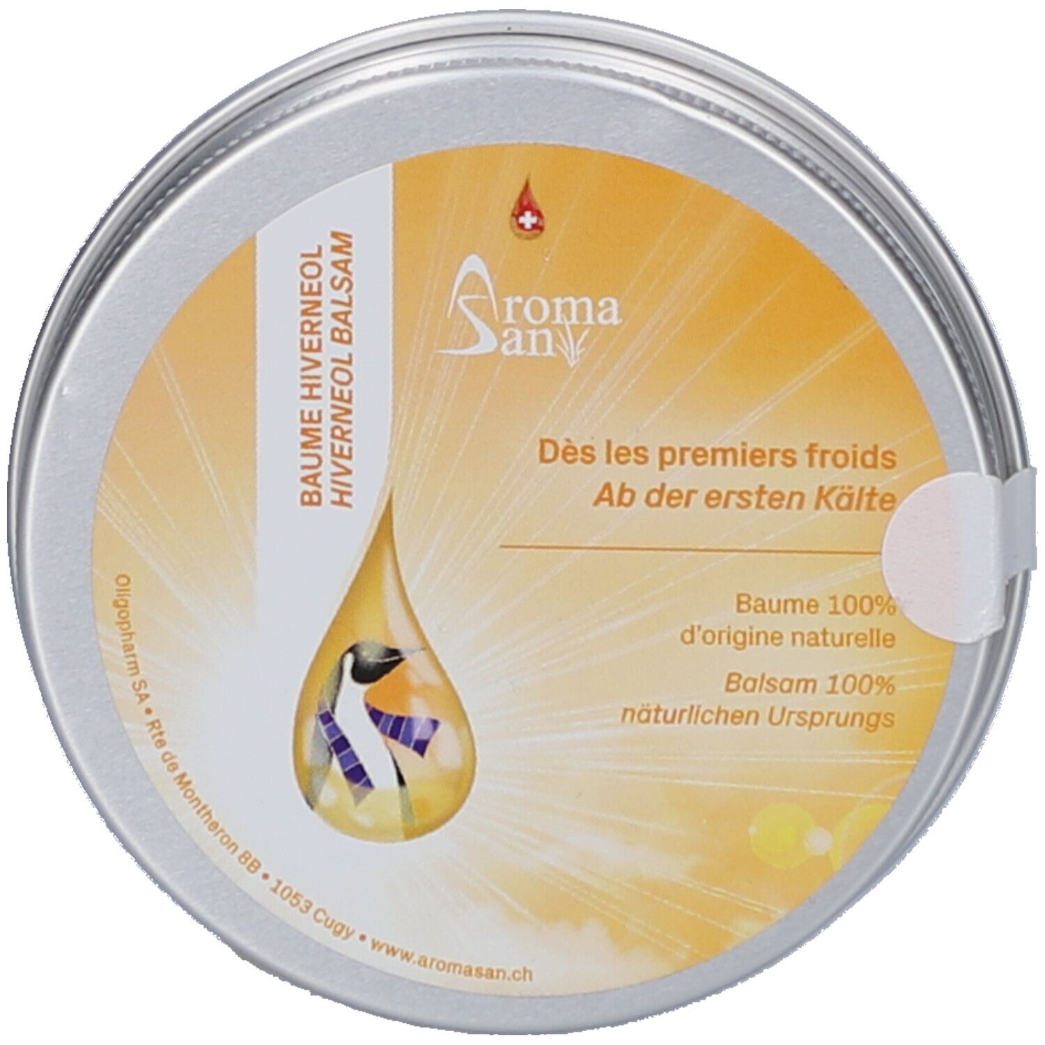 Ronde pot met geel etiket. Tekst: Aroma San, Baume Hiverneol, Dès les premiers froids. Druppelontwerp met bergmotief.