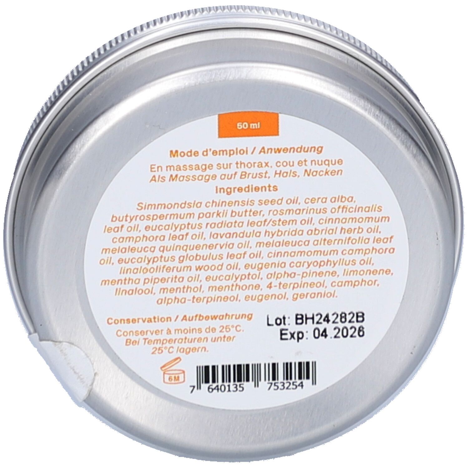 Bodem van de pot met tekst. Tekst: 50 ml, Gebruik, Ingrediënten, Bewaren. Chargenummer en vervaldatum.