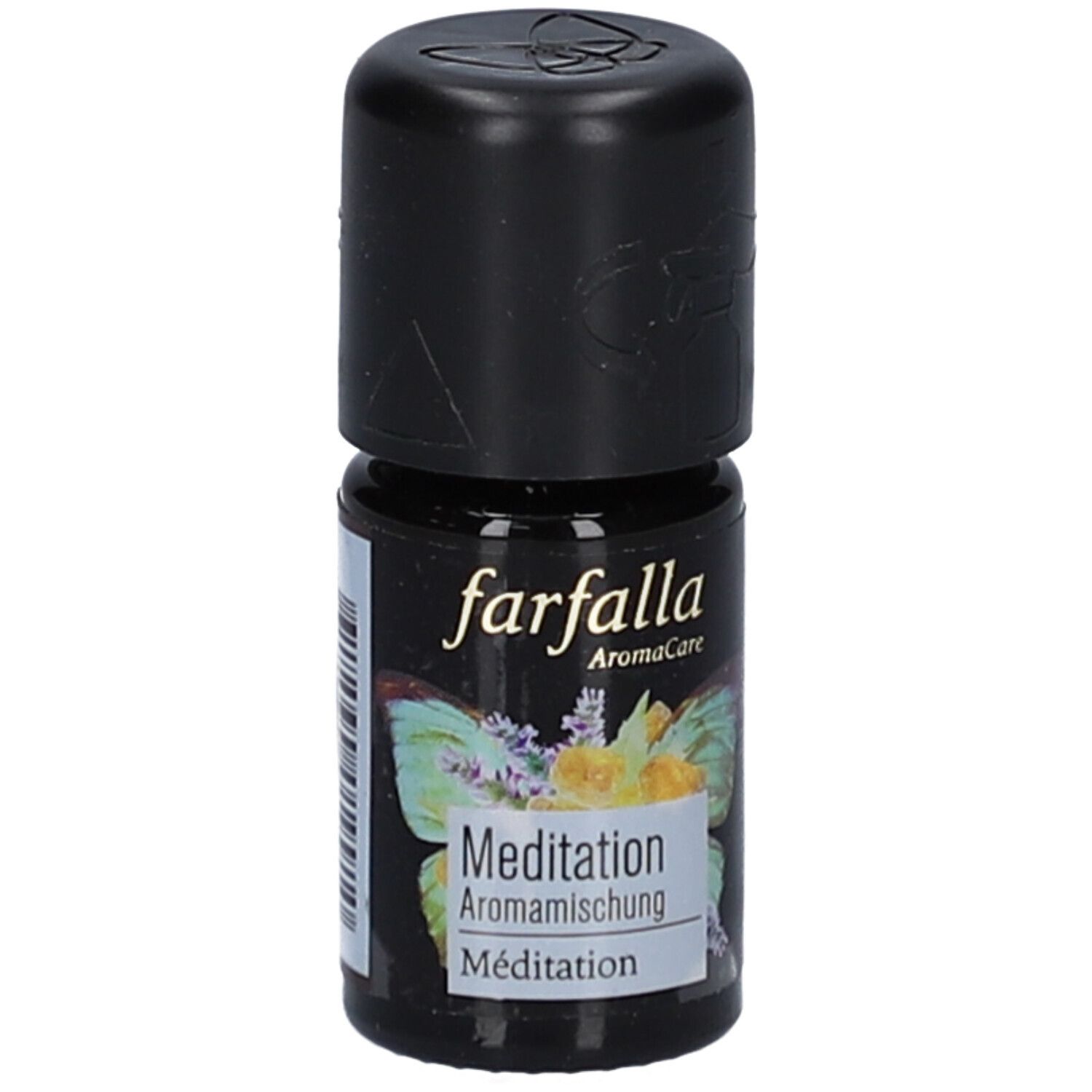 Petite bouteille noire avec bouchon noir. Inscription "farfalla AromaCare Meditation Aromamischung". Étiquette avec papillon et fleurs.