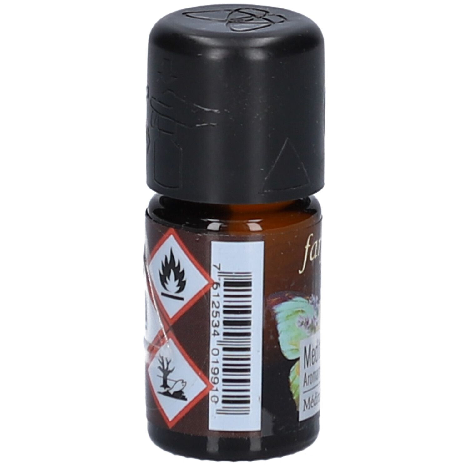 Flacon en verre brun avec bouchon noir. Dos avec symboles d'avertissement et code-barres. Inscription "farfalla Meditation Aromamischung".