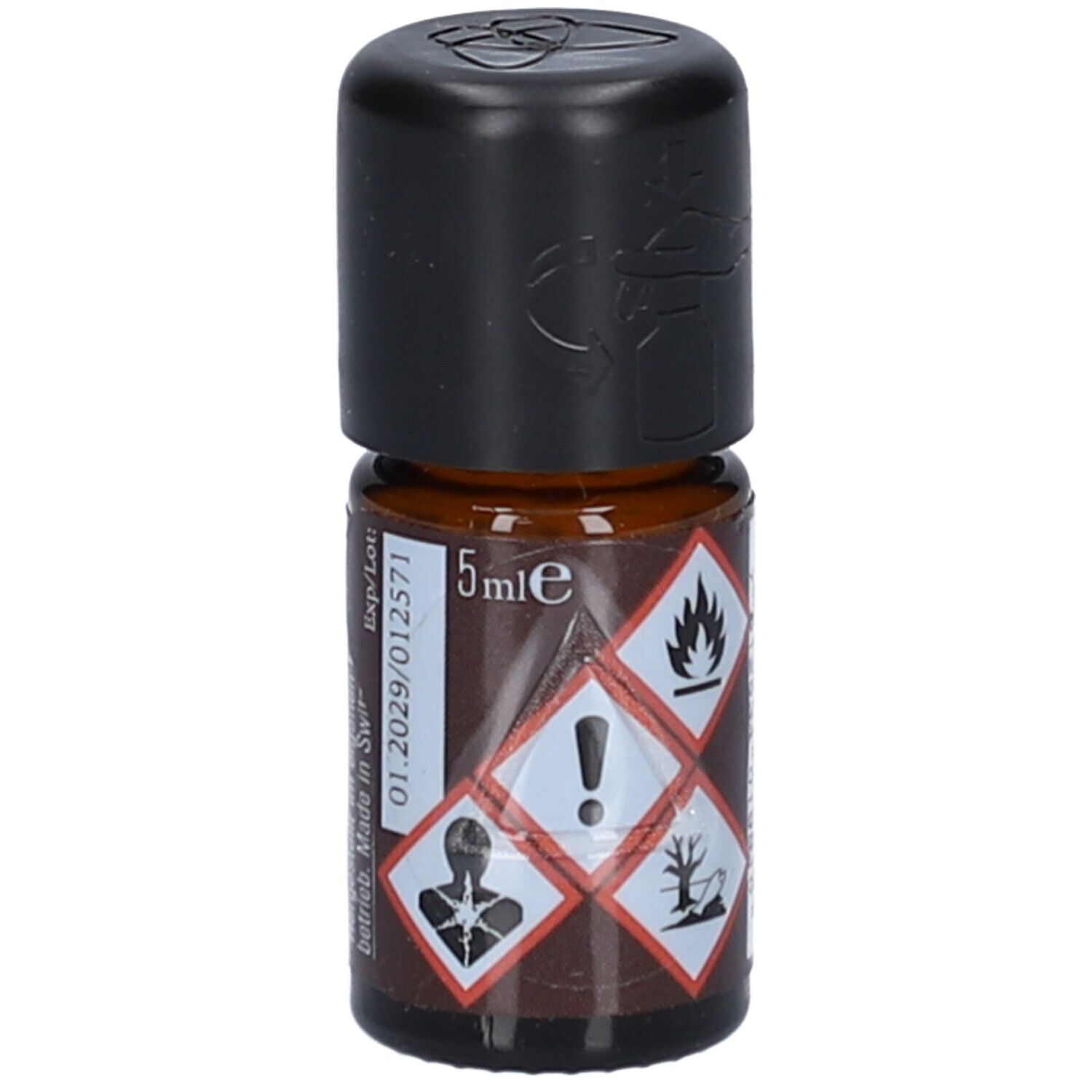 Petite bouteille en verre brun avec bouchon noir. Étiquette avec symboles d'avertissement et "5ml e". Inscription "farfalla Meditation Aromamischung".