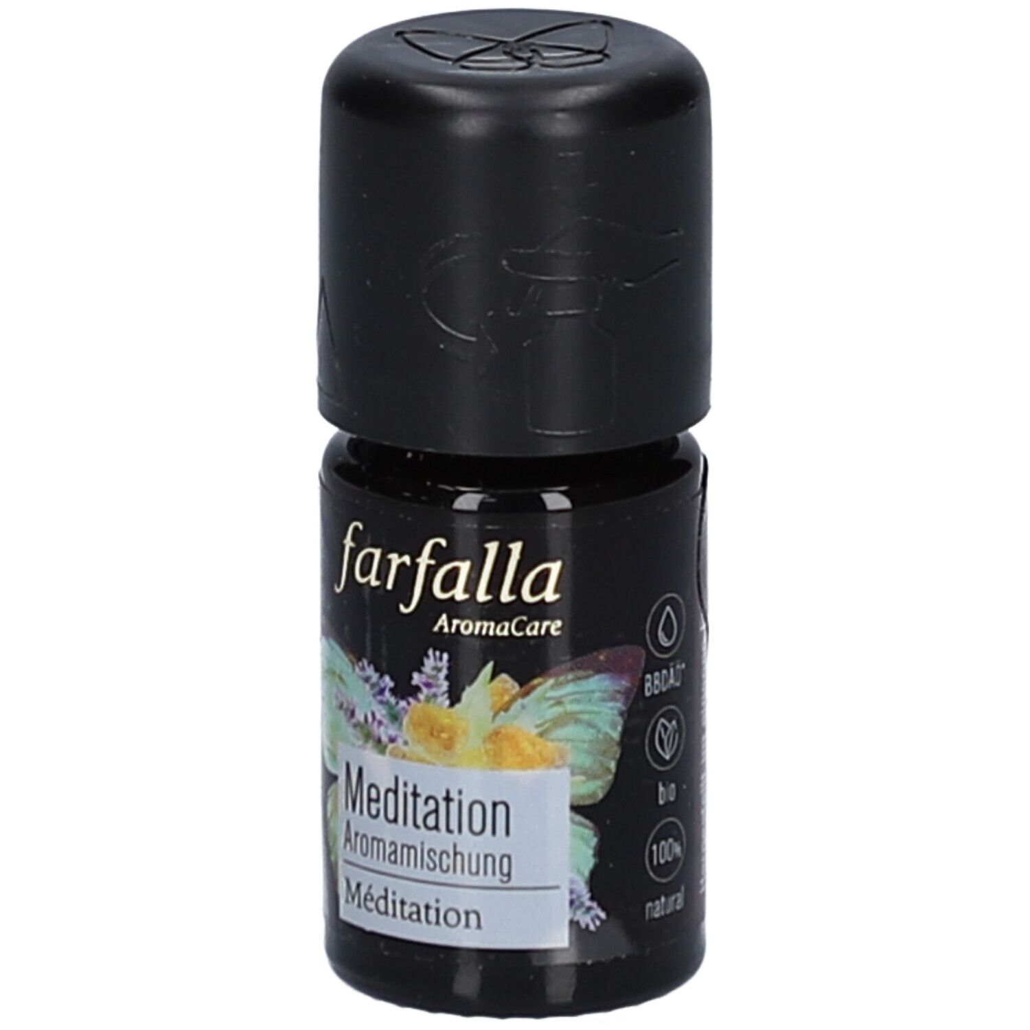 Petite bouteille noire avec bouchon noir. Inscription "farfalla AromaCare Meditation Aromamischung". Étiquette avec labels bio.