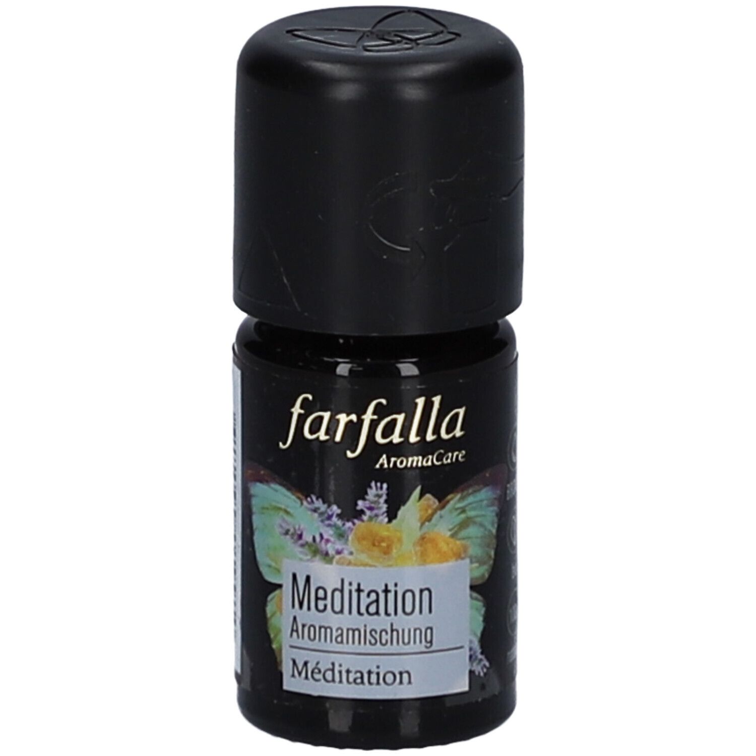 Petite bouteille noire avec bouchon noir. Inscription "farfalla AromaCare Meditation Aromamischung". Étiquette avec papillon et fleurs.