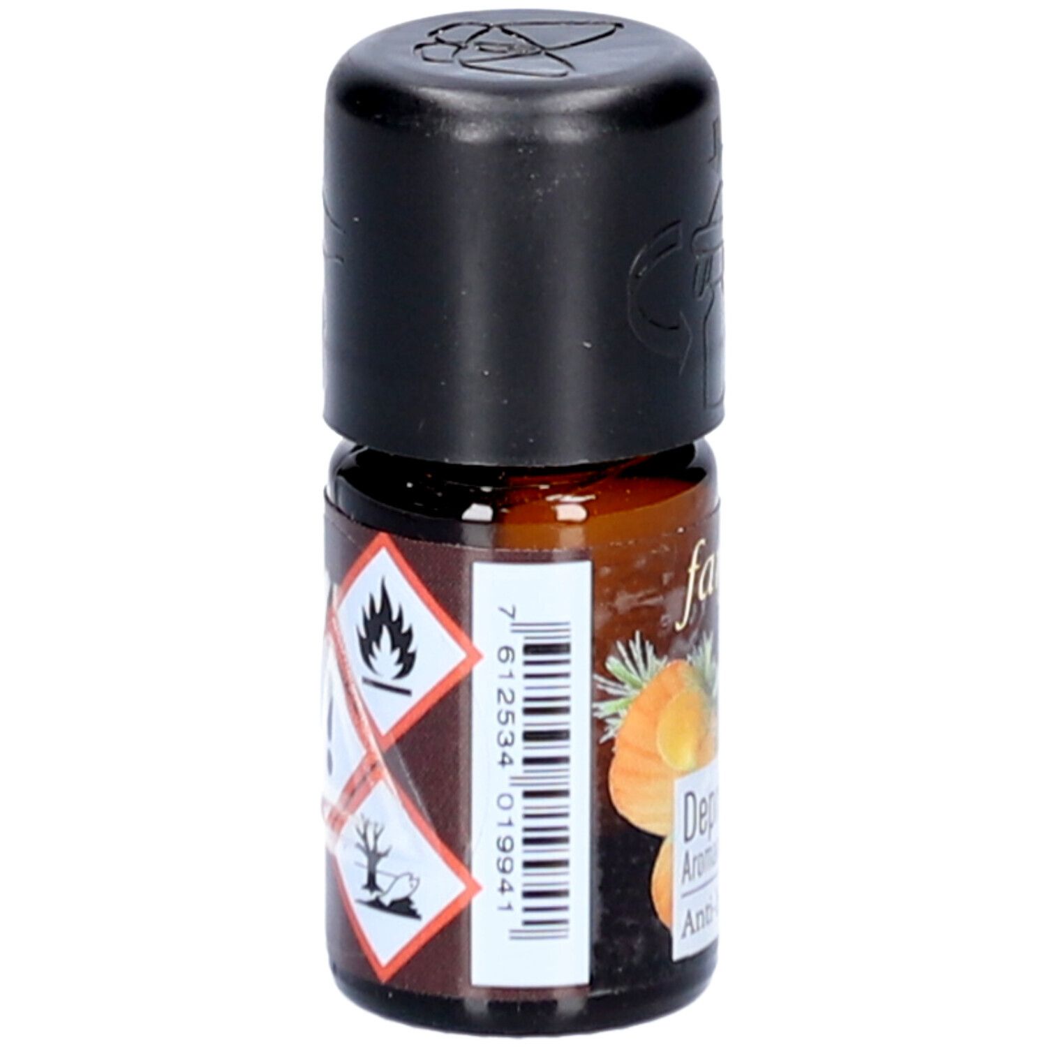 Flacon en verre brun avec bouchon noir. Autocollant avec symboles d'avertissement et code-barres. Inscription: farfalla, Depri-Helfer, Aromamischung, Anti-blues.