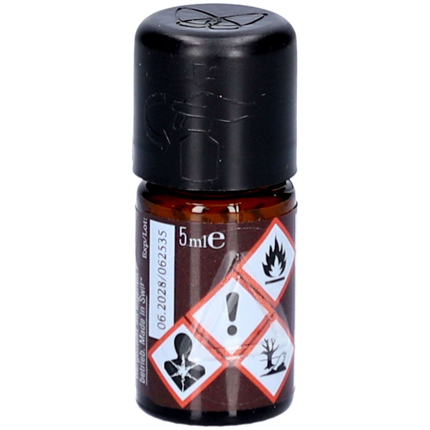 Petit flacon en verre brun avec bouchon noir. Inscription: 5 ml, symboles d'avertissement. Fabriqué en Suisse. Inscription: farfalla, Depri-Helfer, Aromamischung.