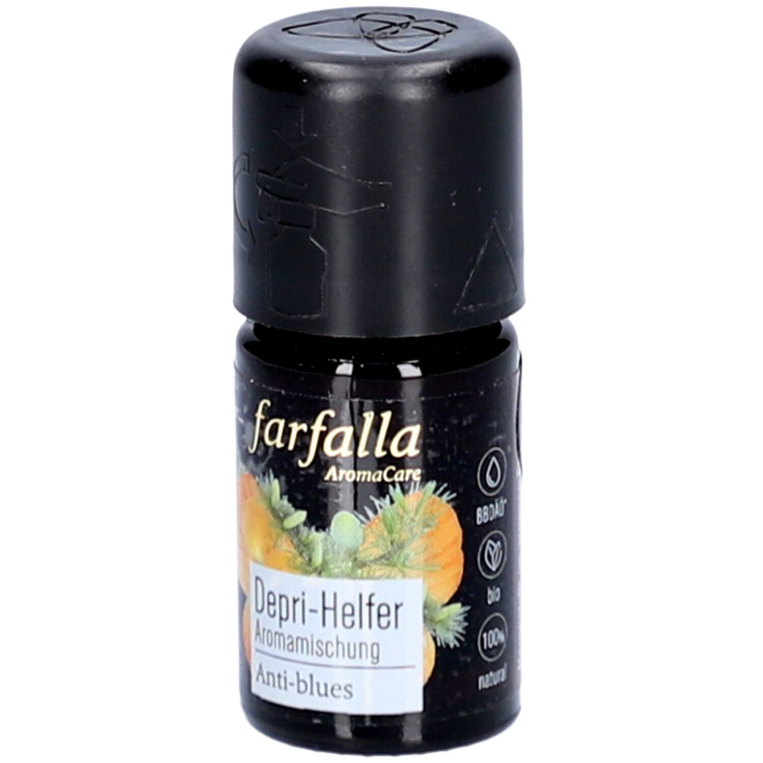 Flacon en verre brun avec bouchon noir. Inscription: farfalla, Depri-Helfer, Aromamischung, Anti-blues. Label bio. 100% naturel.