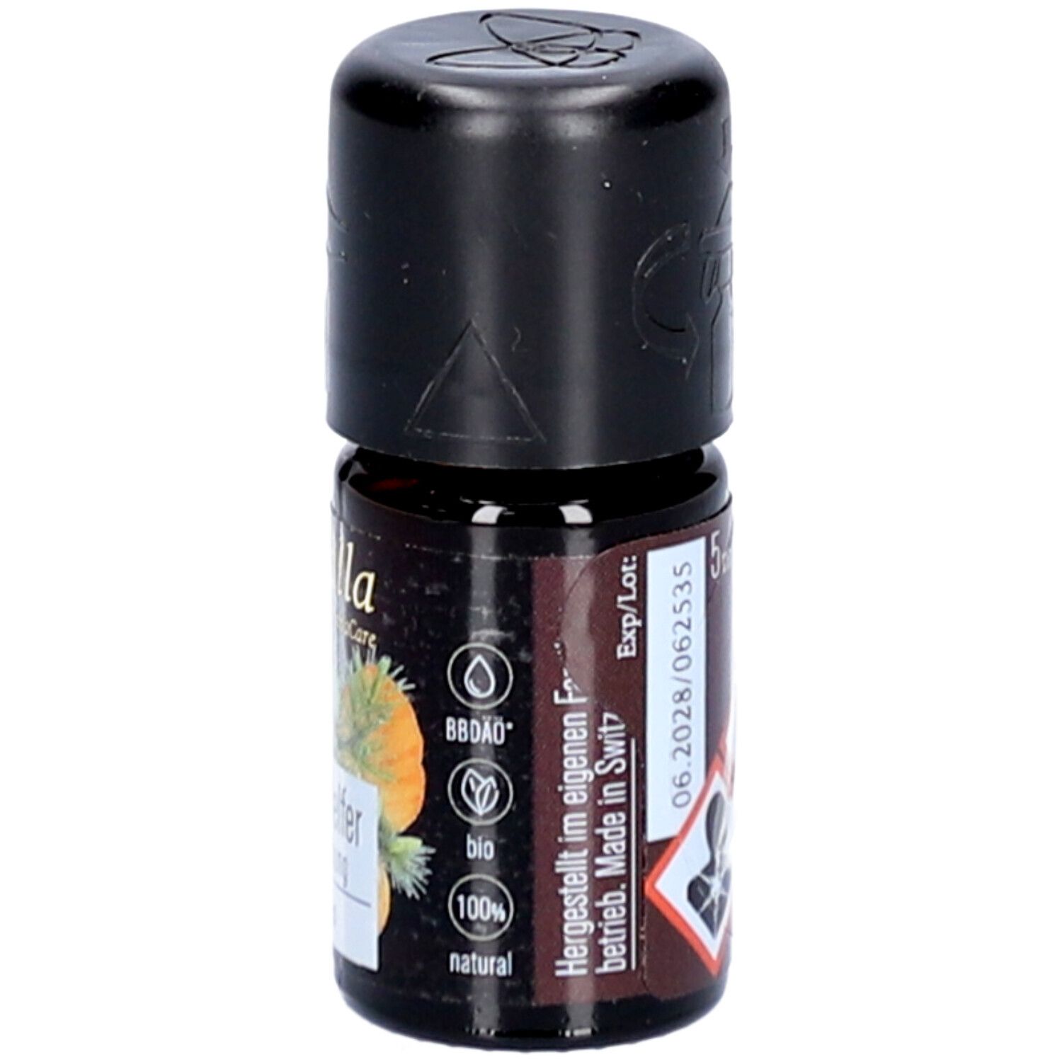 Petit flacon en verre brun avec bouchon noir. Inscription: 5 ml, Fabriqué en Suisse. Label bio. Inscription: farfalla, Depri-Helfer, Aromamischung.