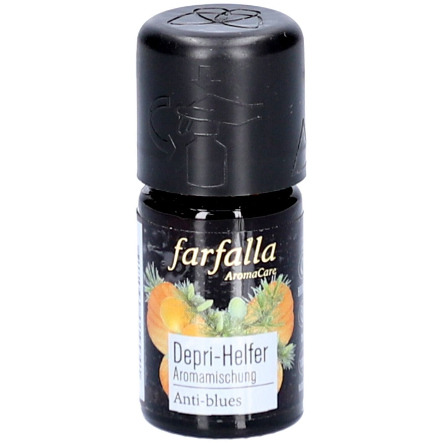 Flacon en verre brun avec bouchon noir. Inscription: farfalla, Depri-Helfer, Aromamischung, Anti-blues. Illustration de plantes.