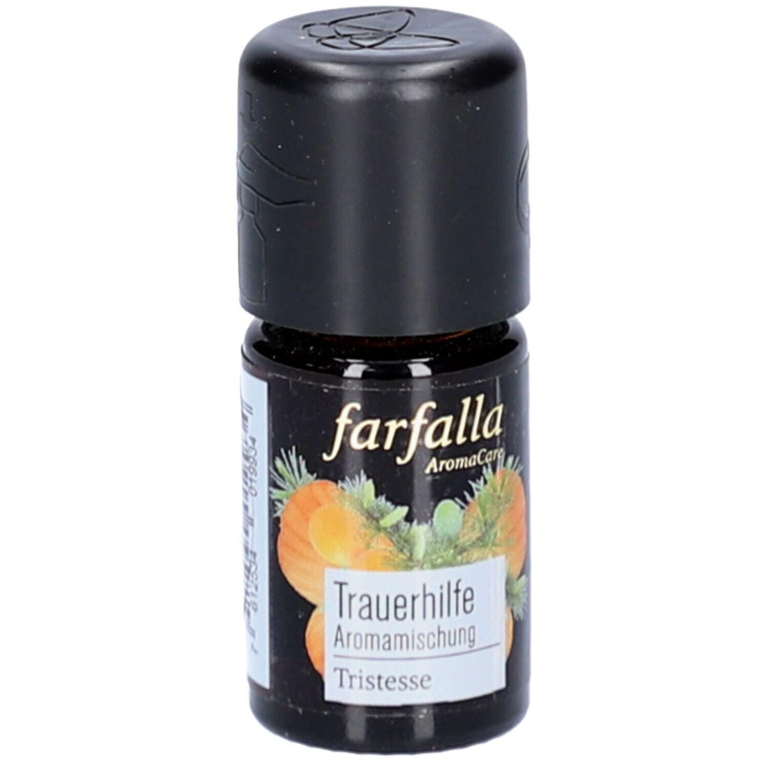 Bruine glazen fles met zwarte dop. Etiket met productnaam en logo.