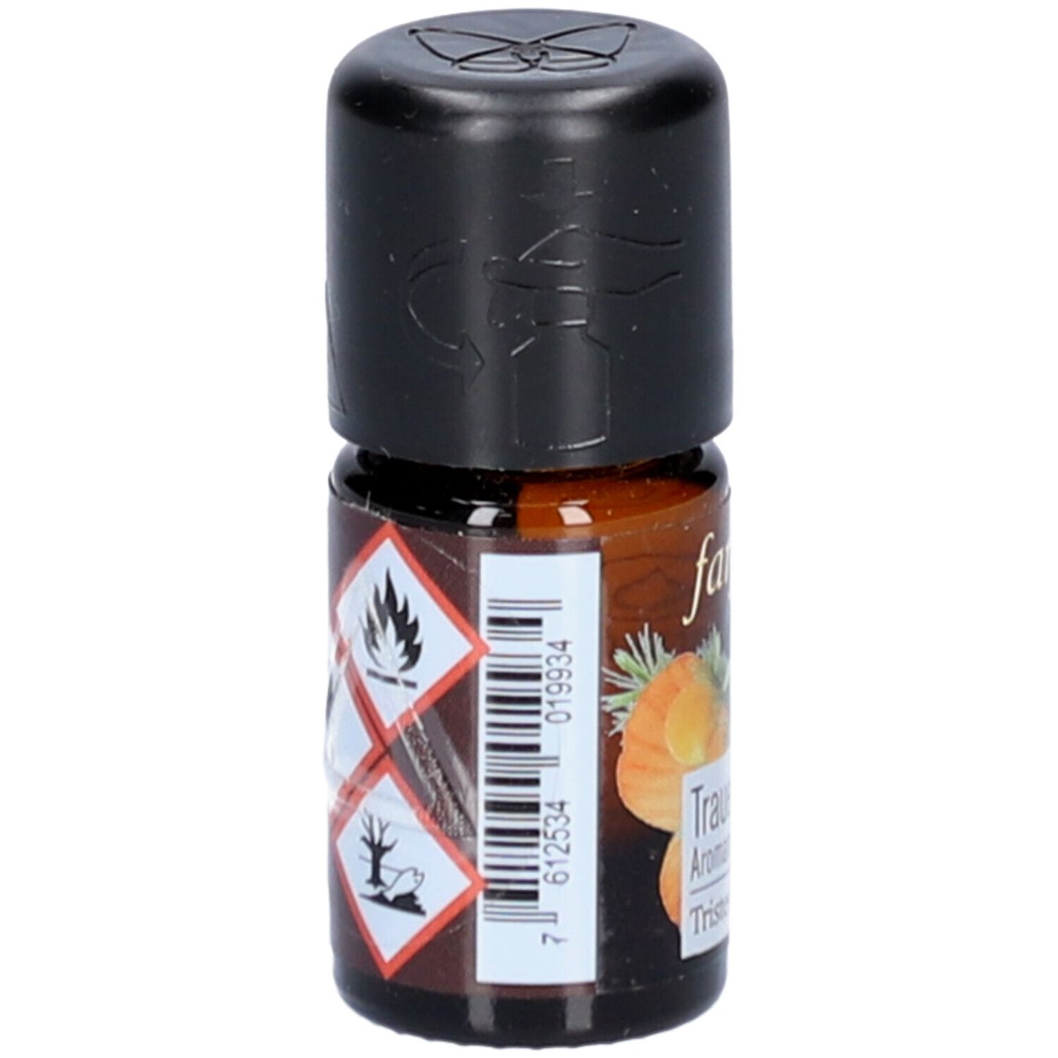 Bruine glazen fles met zwarte dop. Etiket met waarschuwingssymbolen en barcode.