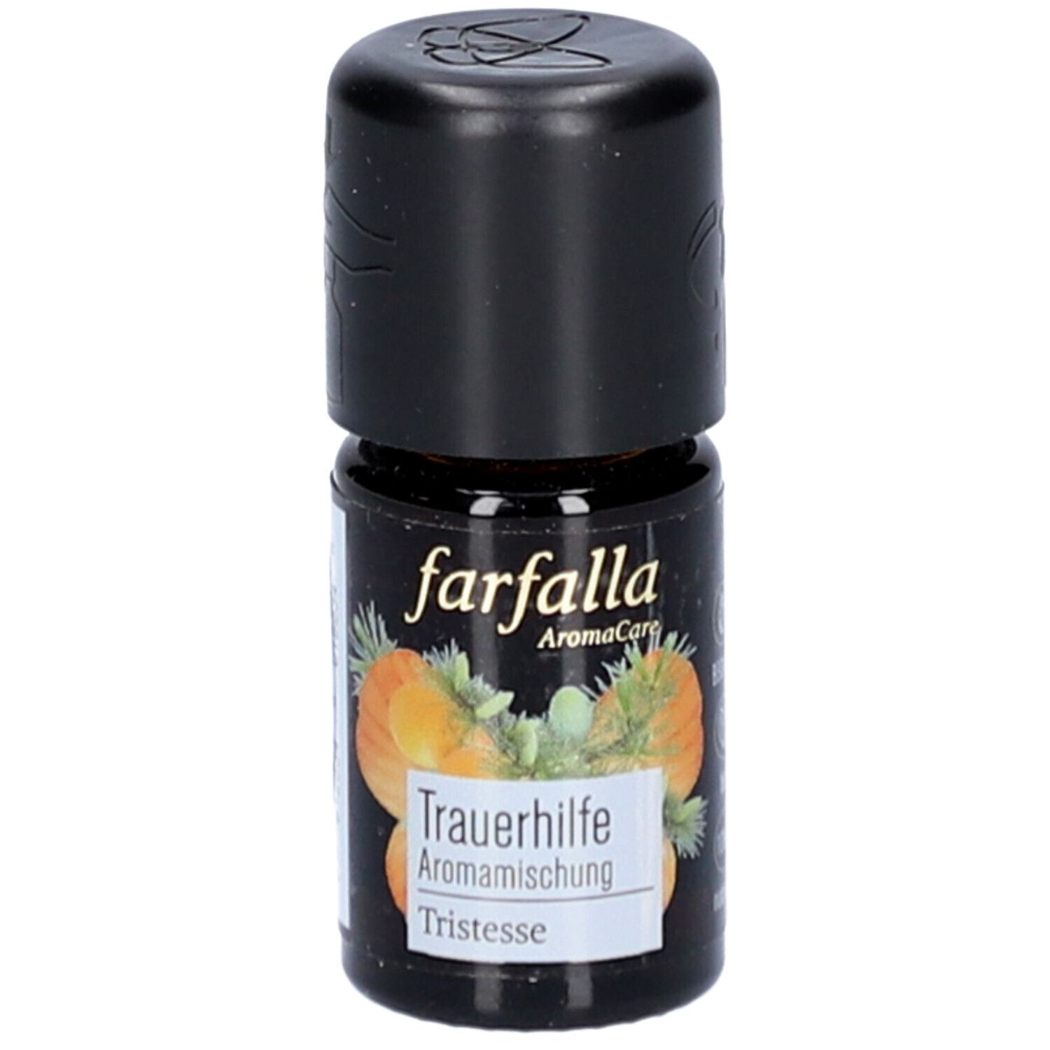 Bruine glazen fles met zwarte dop. Etiket met productnaam en logo.