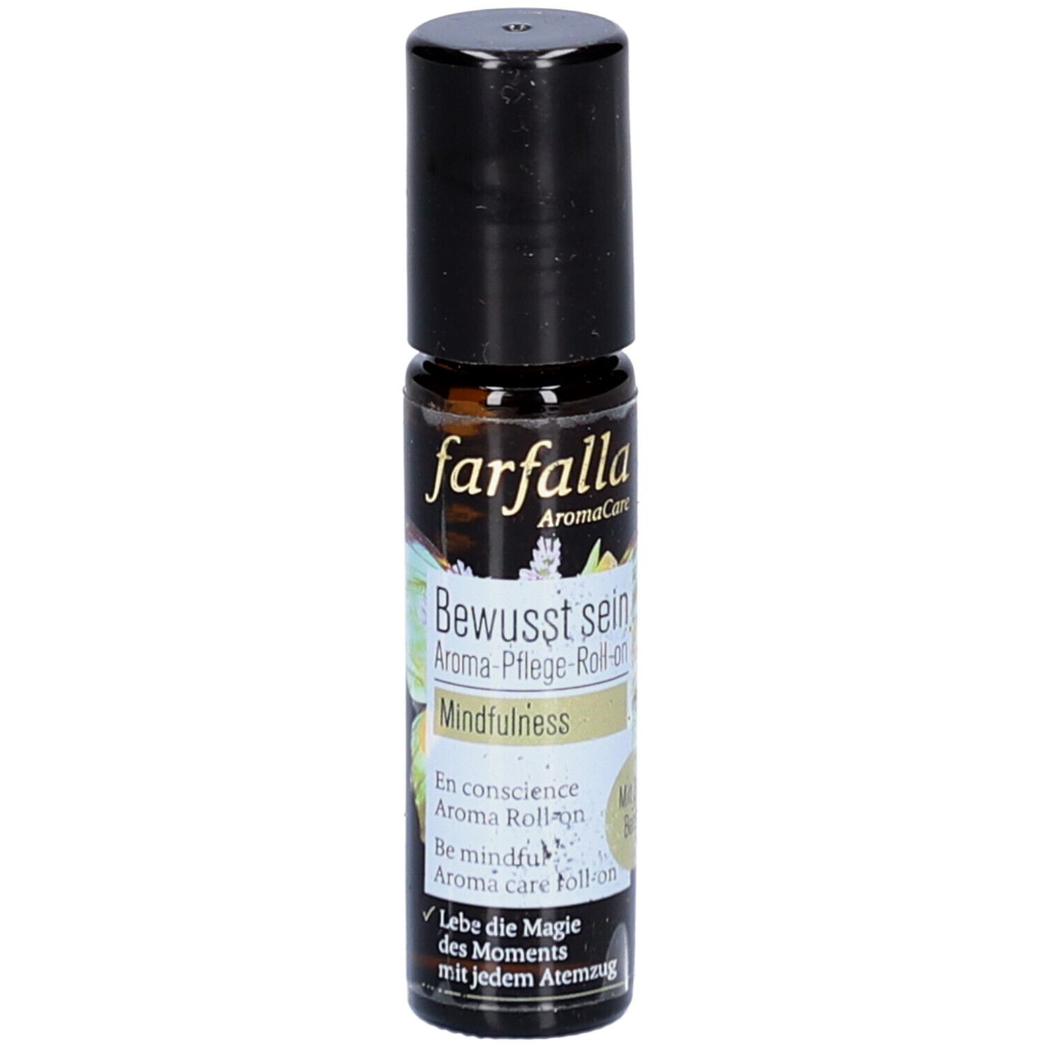 Bruine glazen fles met zwarte dop. Opschrift: farfalla AromaCare, Bewusst sein, Mindfulness. Roll-on.