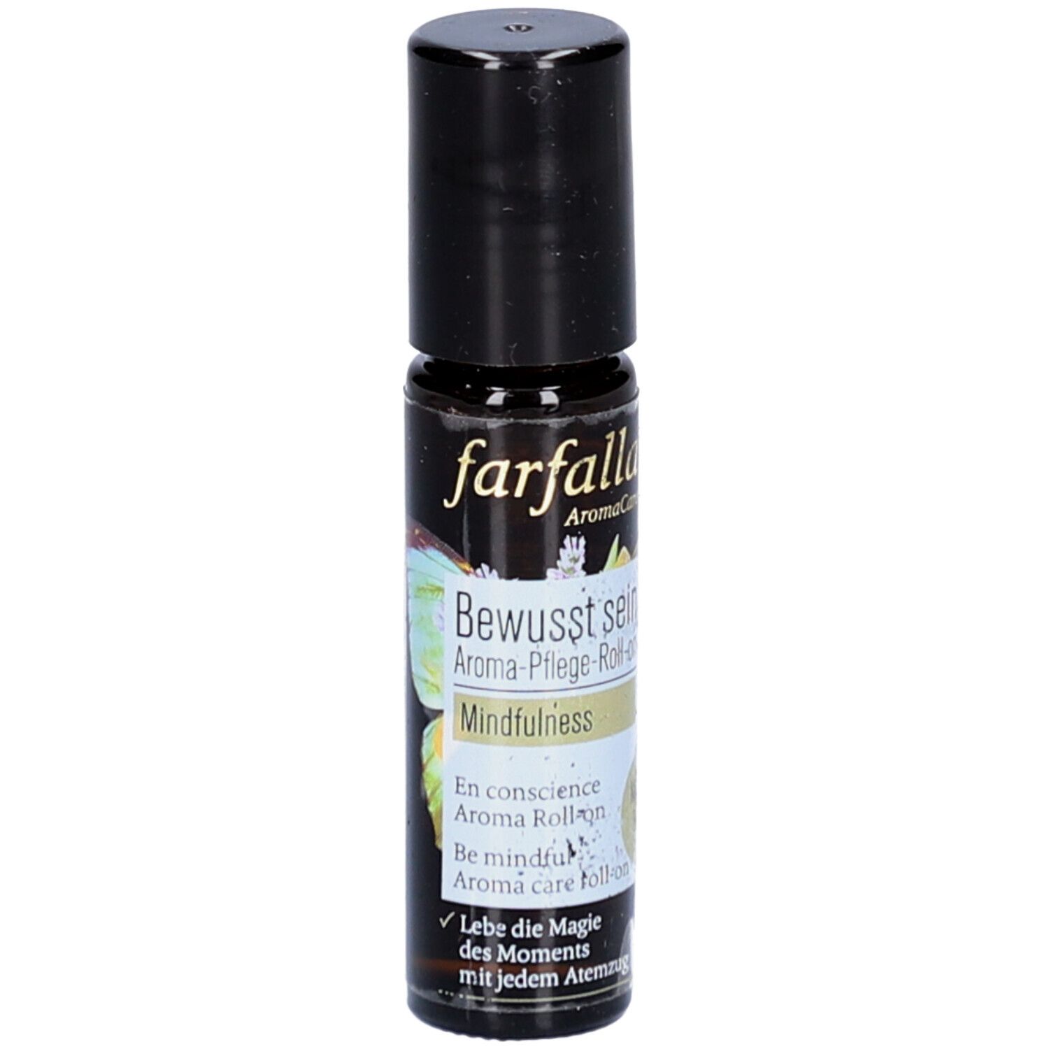 Bruine glazen fles met zwarte dop. Opschrift: farfalla AromaCare, Bewusst sein, Mindfulness. Roll-on.