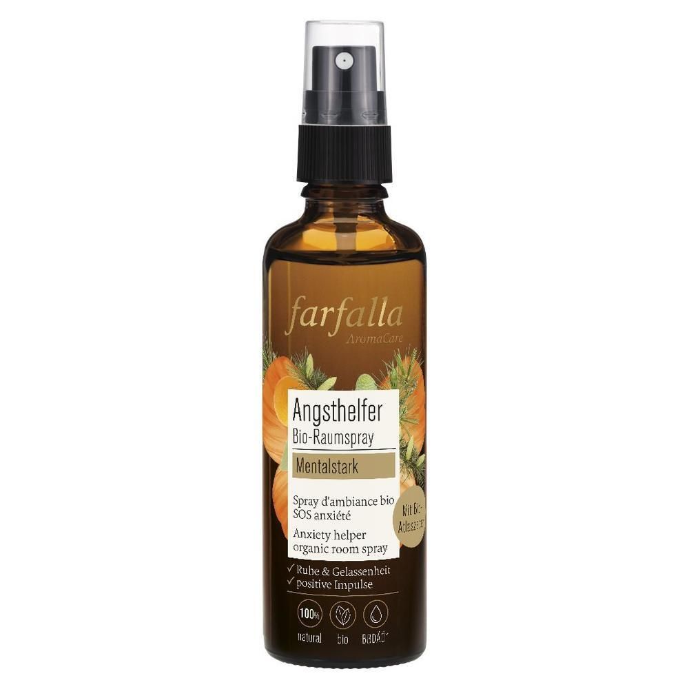 Flacon en verre brun avec vaporisateur. Inscription: farfalla, Angsthelfer Bio-Raumspray, Mentalstark. Étiquette avec texte et logos.