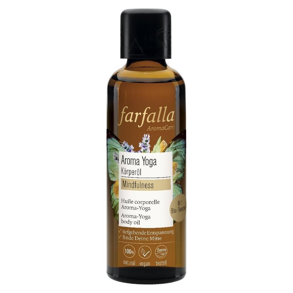 Bruine glazen fles met zwarte dop. Opschrift: Farfalla Aroma Yoga Körperöl. Etiket met bloemenontwerp en tekst.