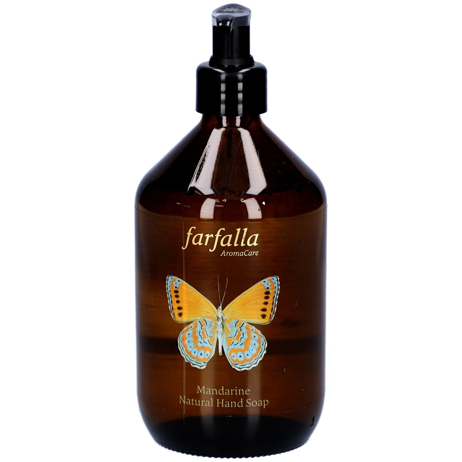 Flacon brun avec pompe noire. Étiquette avec papillon et texte: farfalla AromaCare, Mandarine Natural Hand Soap.