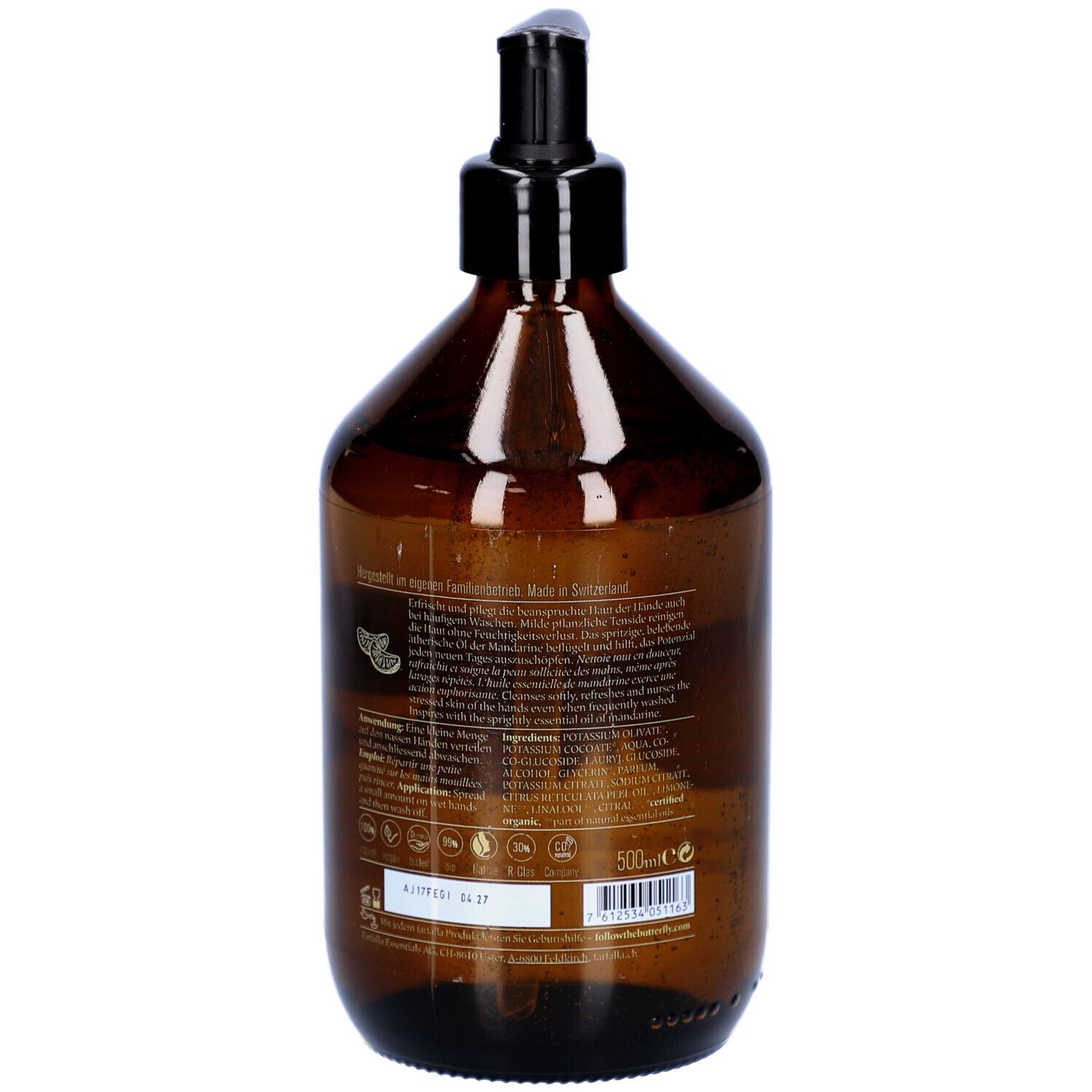 Flacon brun avec pompe noire. Dos avec texte et informations sur les ingrédients. 500ml.