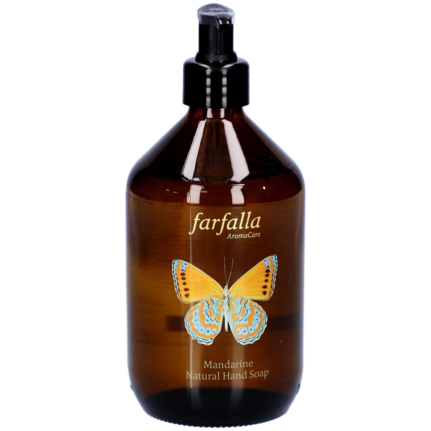 Flacon brun avec pompe noire. Étiquette avec papillon et texte: farfalla AromaCare, Mandarine Natural Hand Soap.