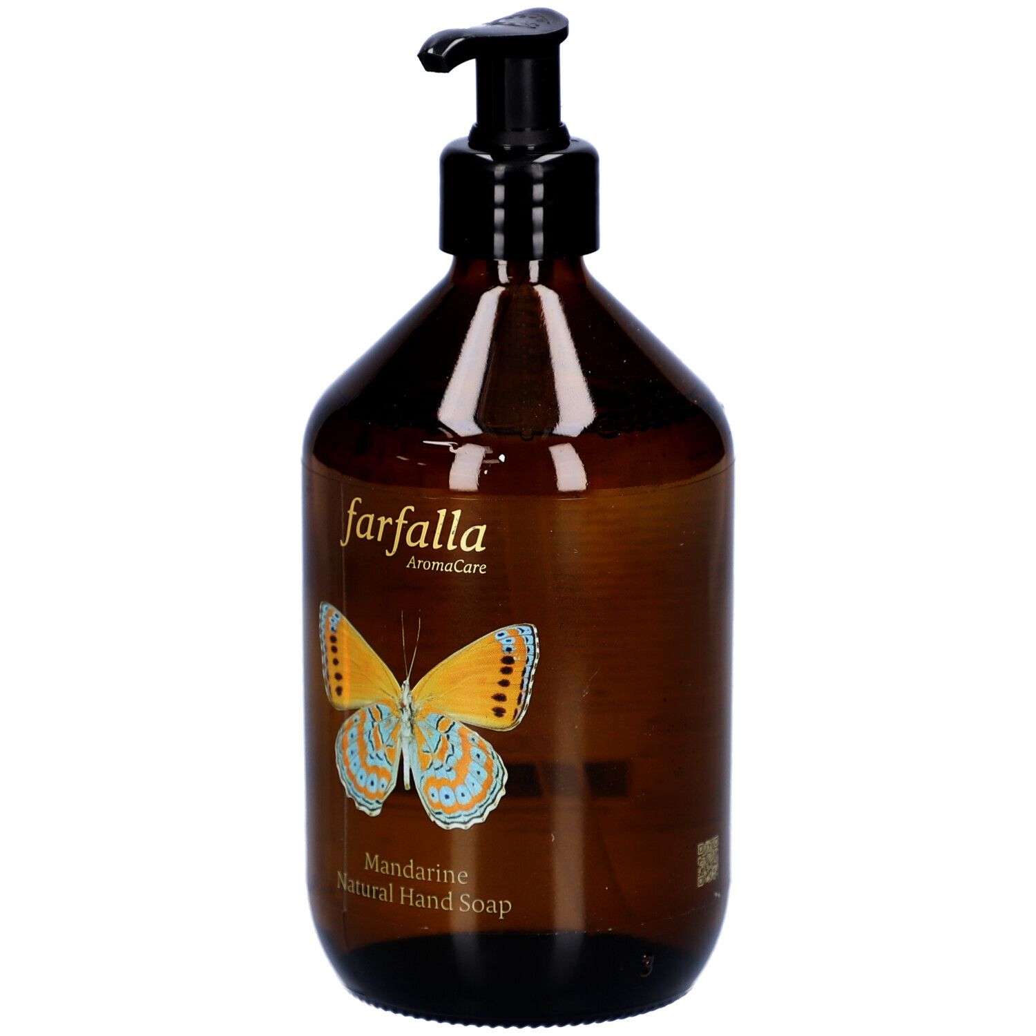 Flacon brun avec pompe noire. Étiquette avec papillon et texte: farfalla AromaCare, Mandarine Natural Hand Soap.