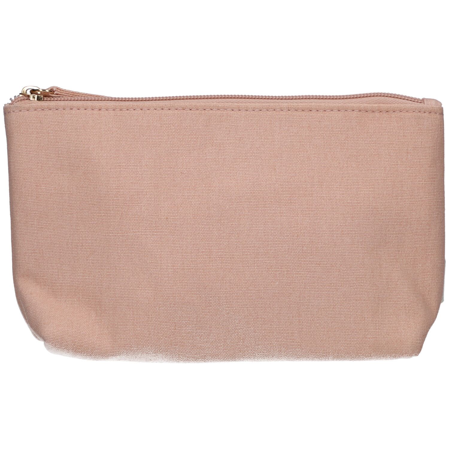 Trousse de maquillage rose avec fermeture éclair. Forme rectangulaire, en tissu.