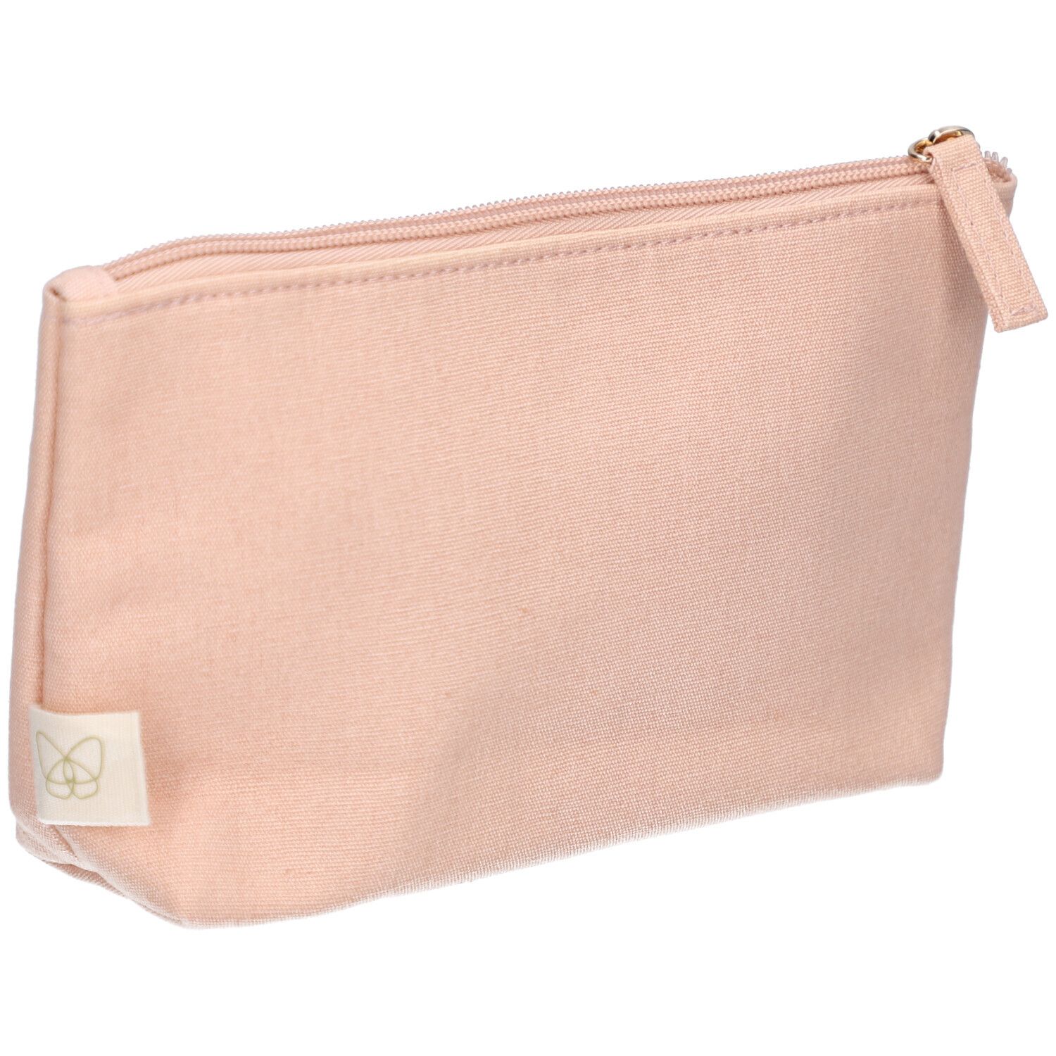 Trousse de maquillage rose avec fermeture éclair. Tissu, rectangulaire, avec étiquette.