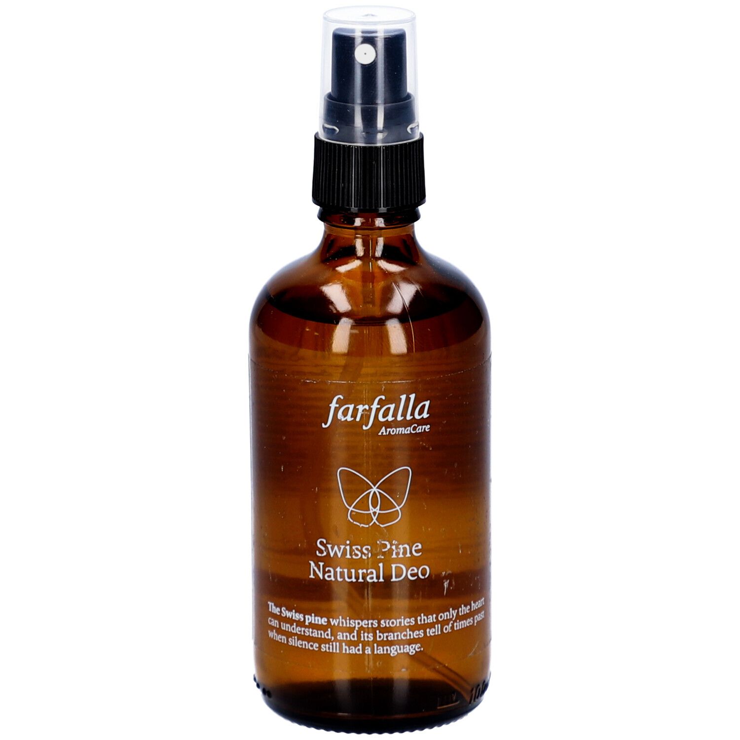 Bruine glazen fles met verstuiver. Opschrift: farfalla AromaCare, Swiss Pine Natural Deo. Met tekst en logo.