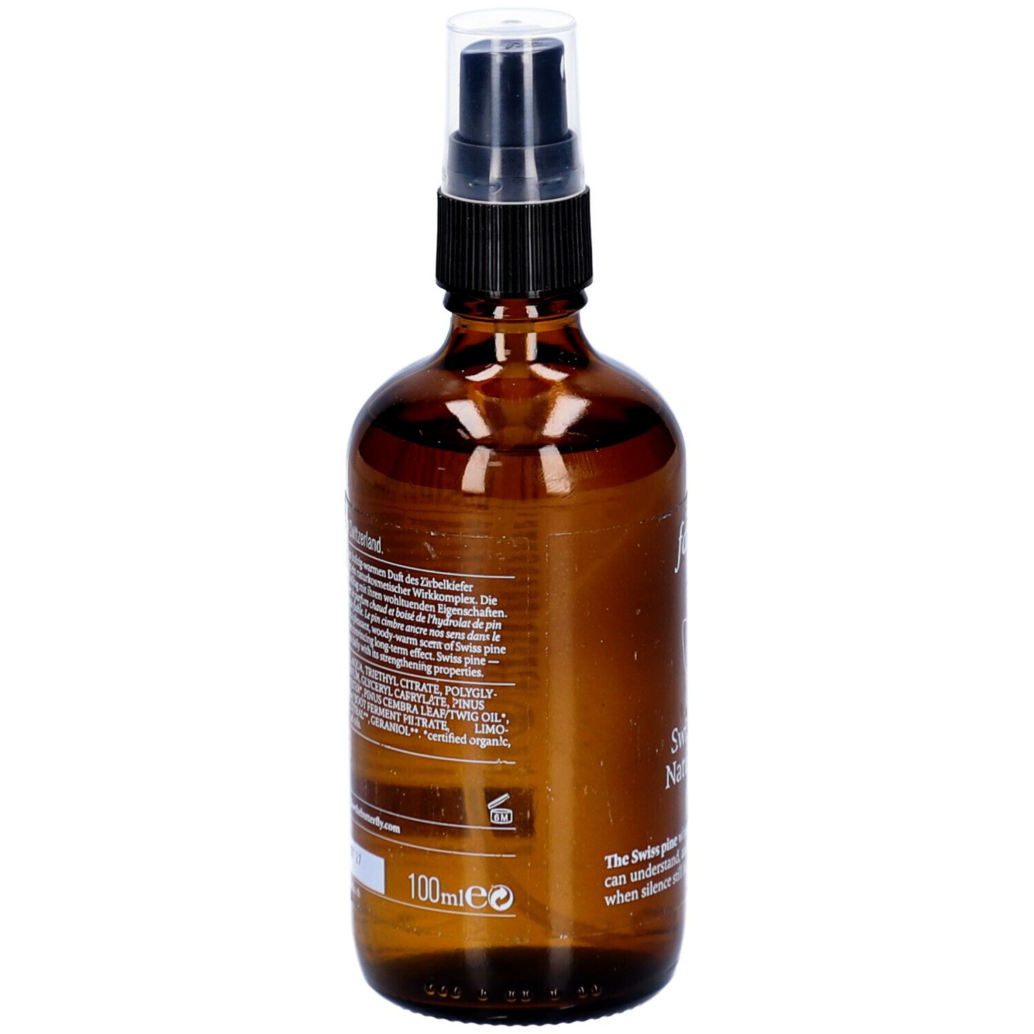 Bruine glazen fles met verstuiver. Achterkant met tekst en informatie over ingrediënten. 100ml.