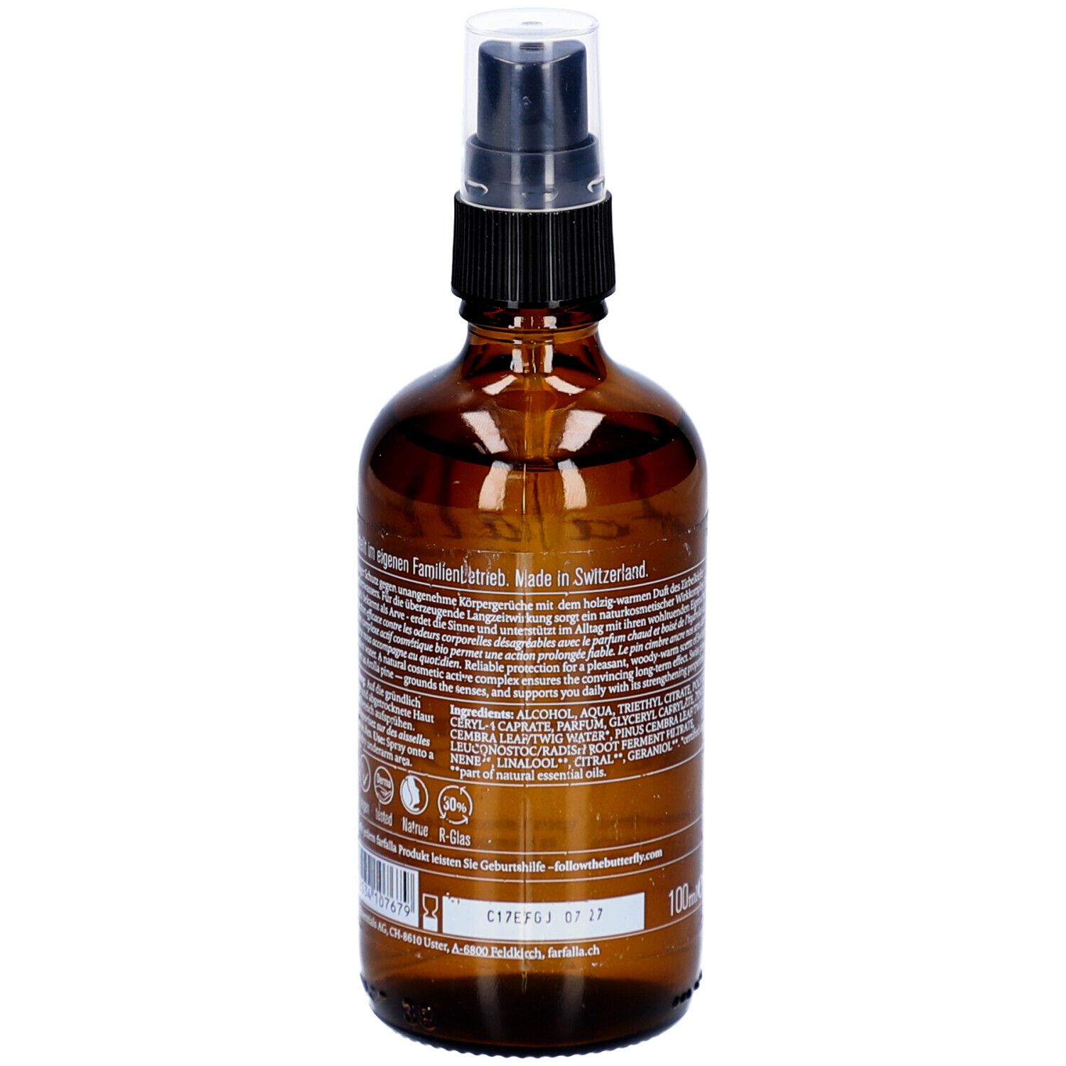 Bruine glazen fles met verstuiver. Achterkant met tekst, ingrediënten en batchnummer. 100ml.