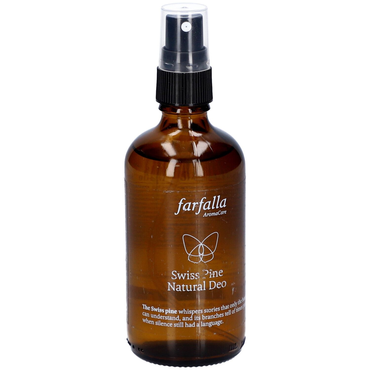 Bruine glazen fles met verstuiver. Opschrift: farfalla AromaCare, Swiss Pine Natural Deo. Met tekst en logo.
