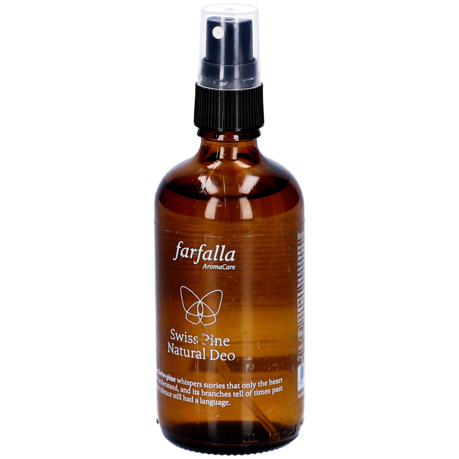 Bruine glazen fles met verstuiver. Opschrift: farfalla AromaCare, Swiss Pine Natural Deo. Met tekst en logo.