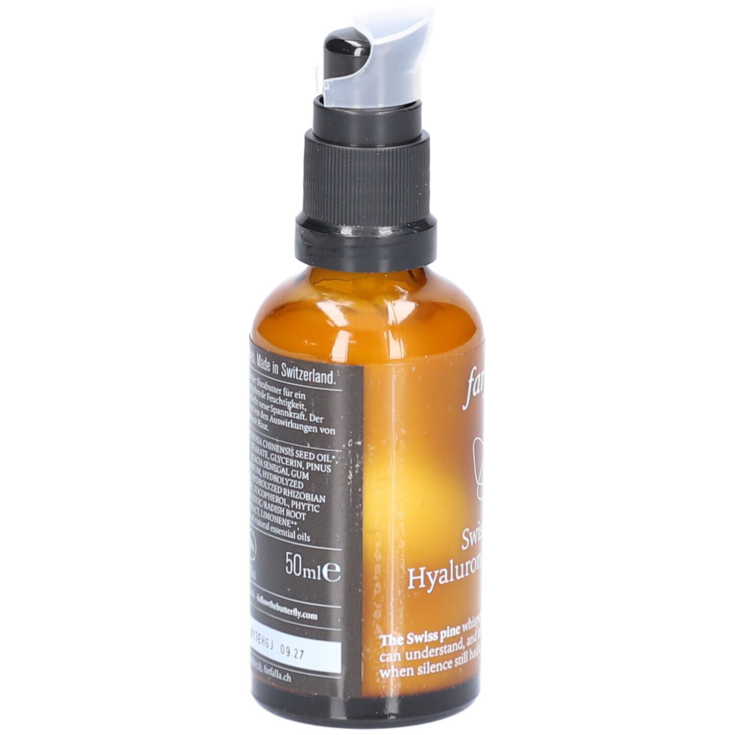 Bruine glazen fles met sproeikop. Opschrift: Farfalla Swiss Pine Hyaluron Face Cream. Label met ingrediënten en volume.