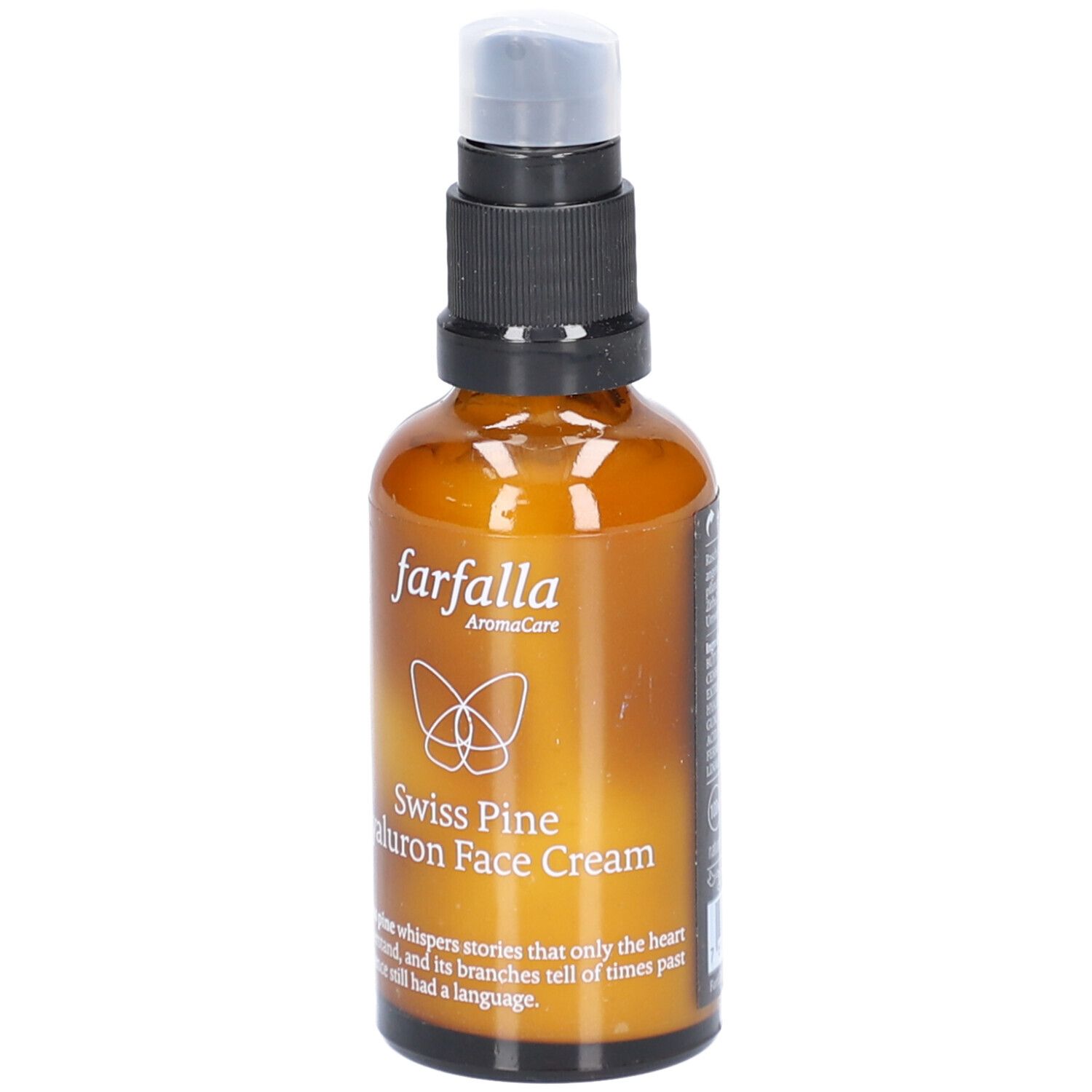 Bruine glazen fles met sproeikop. Opschrift: Farfalla Swiss Pine Hyaluron Face Cream. Logo: vlinder.