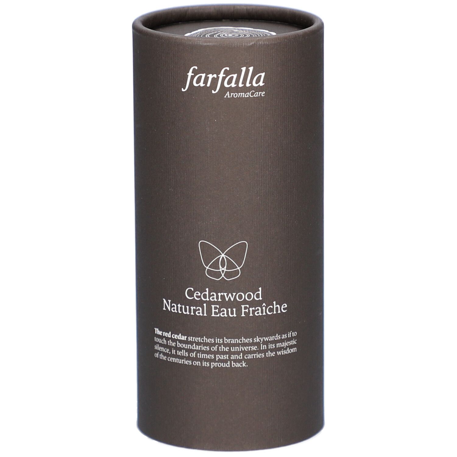 Emballage cylindrique marron. En haut: farfalla AromaCare. En bas: Cedarwood Natural Eau Fraiche. Texte et logo papillon.