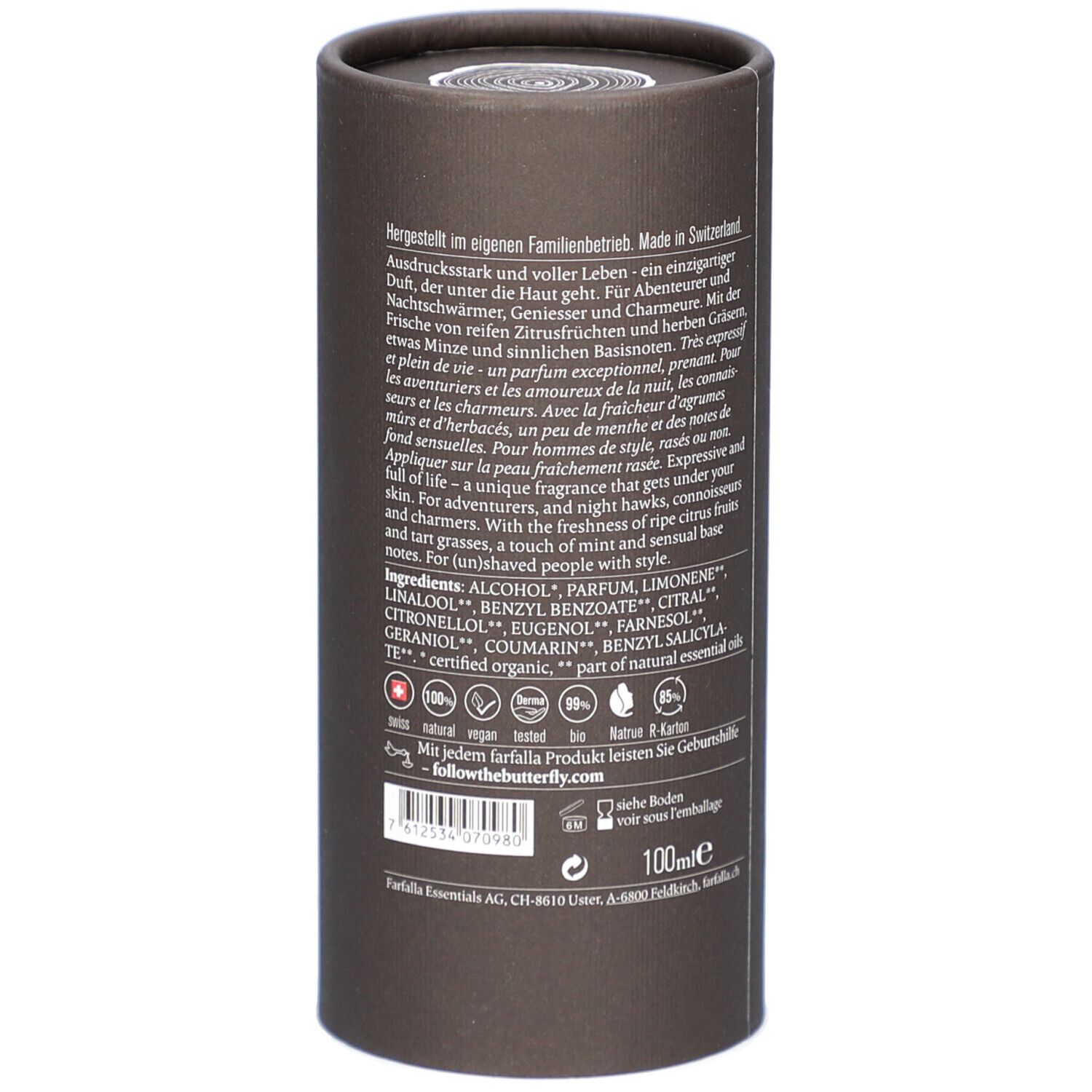 Emballage cylindrique marron. Texte en allemand. Ingrédients et logos. En bas: 100ml. Inscription: Made in Switzerland.