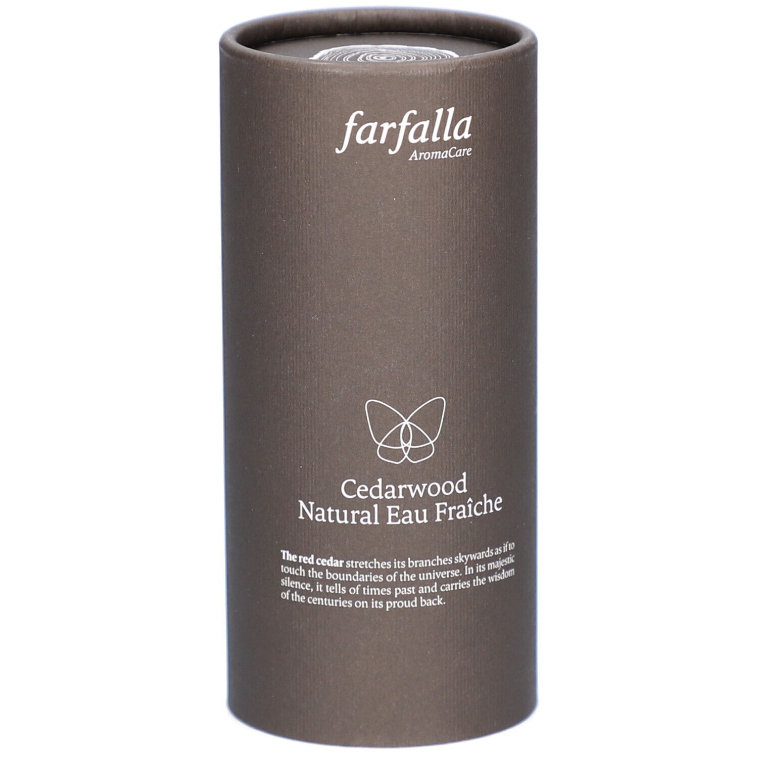 Emballage cylindrique marron. En haut: farfalla AromaCare. En bas: Cedarwood Natural Eau Fraiche. Texte et logo papillon.