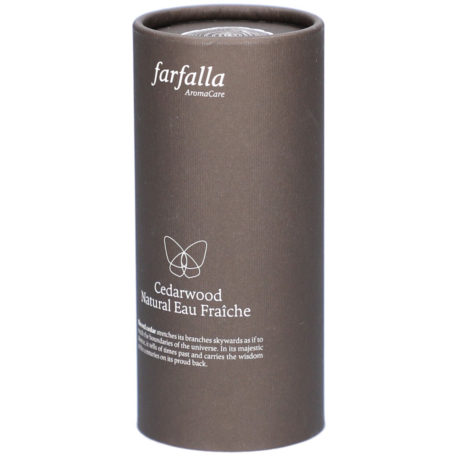 Emballage cylindrique marron. En haut: farfalla AromaCare. En bas: Cedarwood Natural Eau Fraiche. Texte et logo papillon.